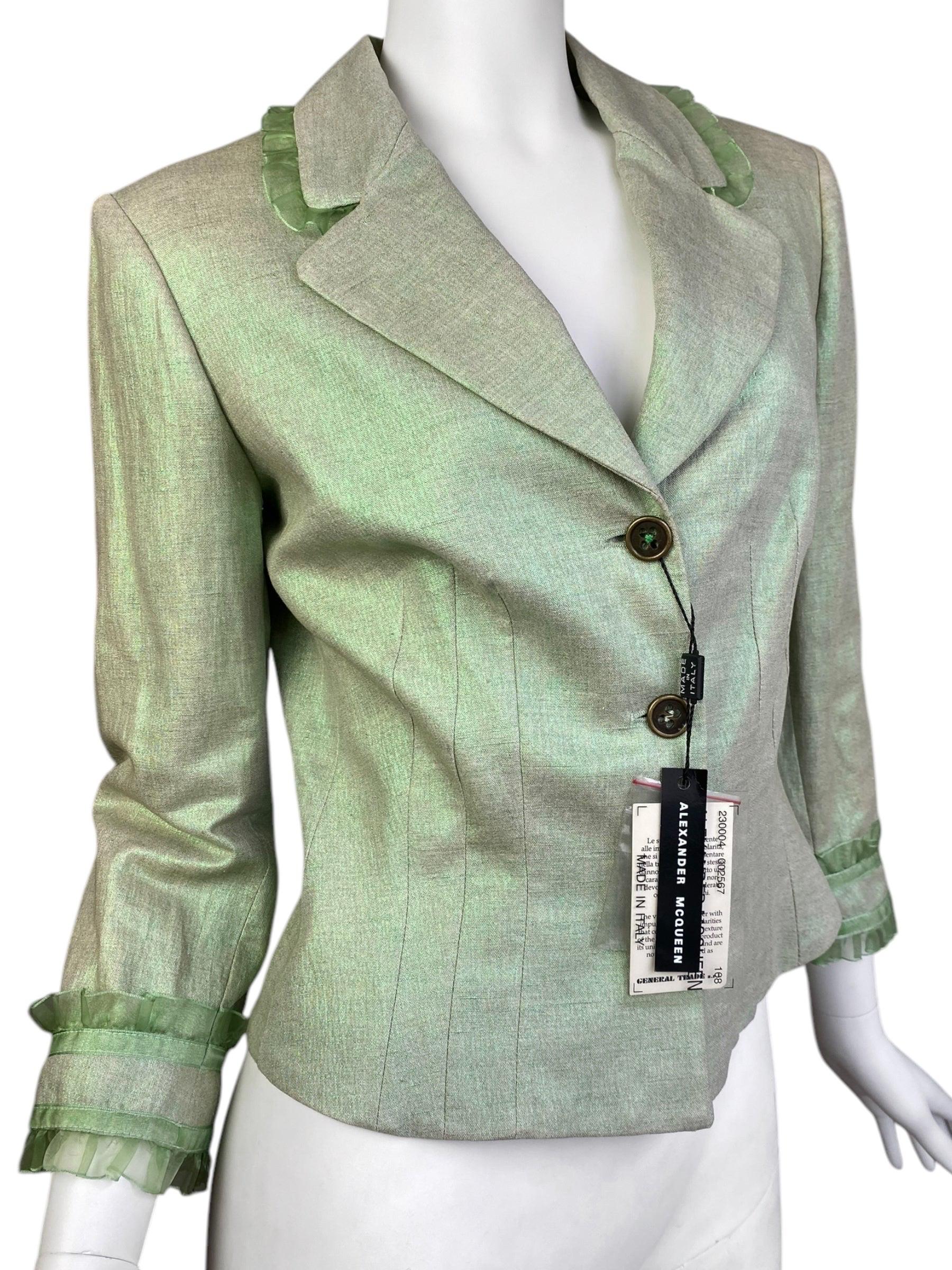 ALEXANDER MCQUEEN c.1995-1996 LIGHT GREEN SHEER RUFFLE TRIM BLAZER In Excellent Condition In PARIS, FR