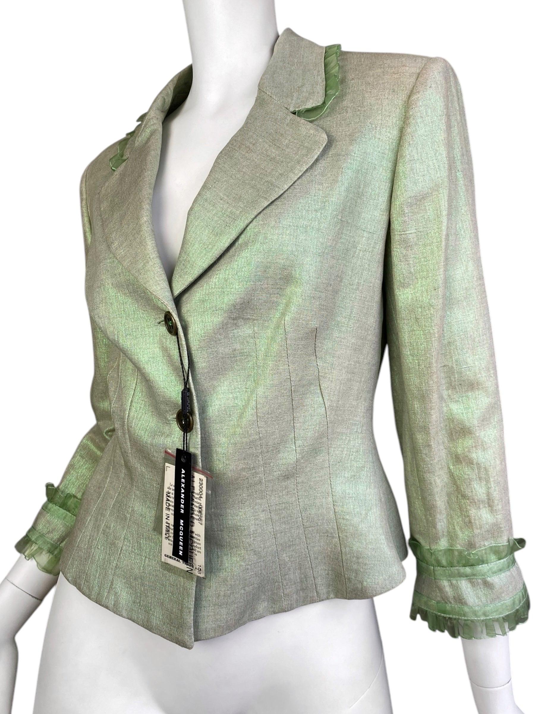 Women's ALEXANDER MCQUEEN c.1995-1996 LIGHT GREEN SHEER RUFFLE TRIM BLAZER