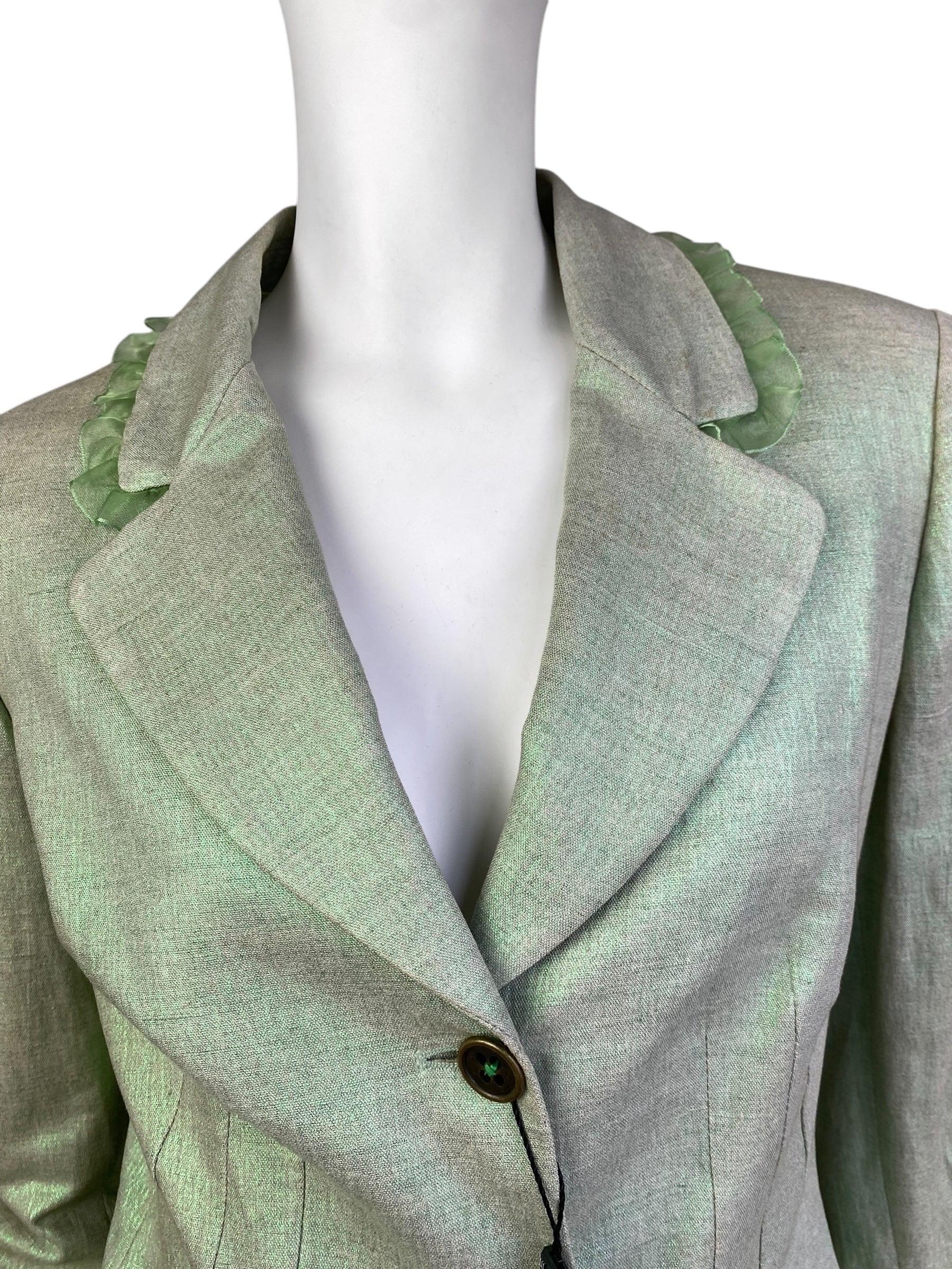 ALEXANDER MCQUEEN c.1995-1996 LIGHT GREEN SHEER RUFFLE TRIM BLAZER 1