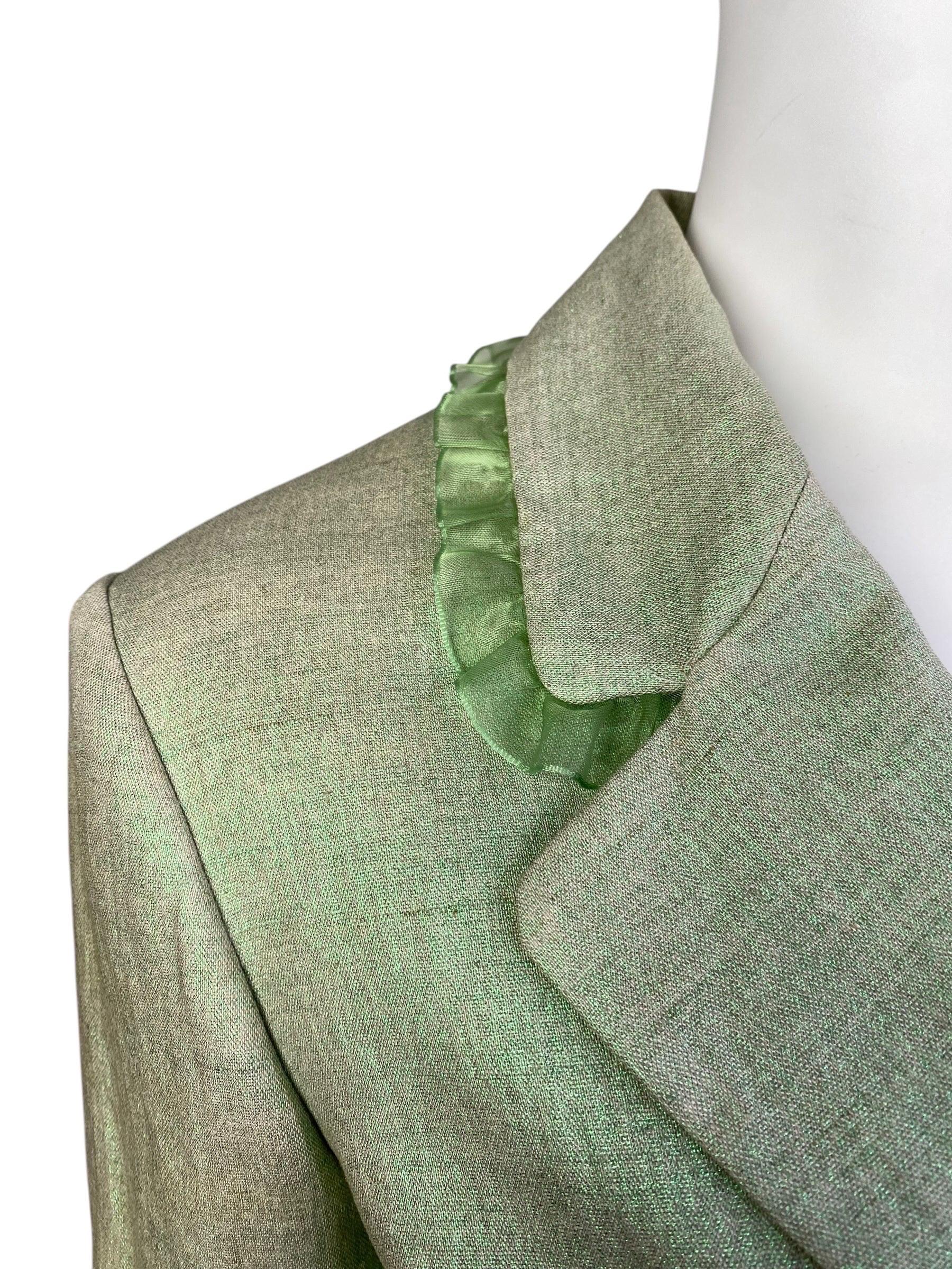 ALEXANDER MCQUEEN c.1995-1996 LIGHT GREEN SHEER RUFFLE TRIM BLAZER 2