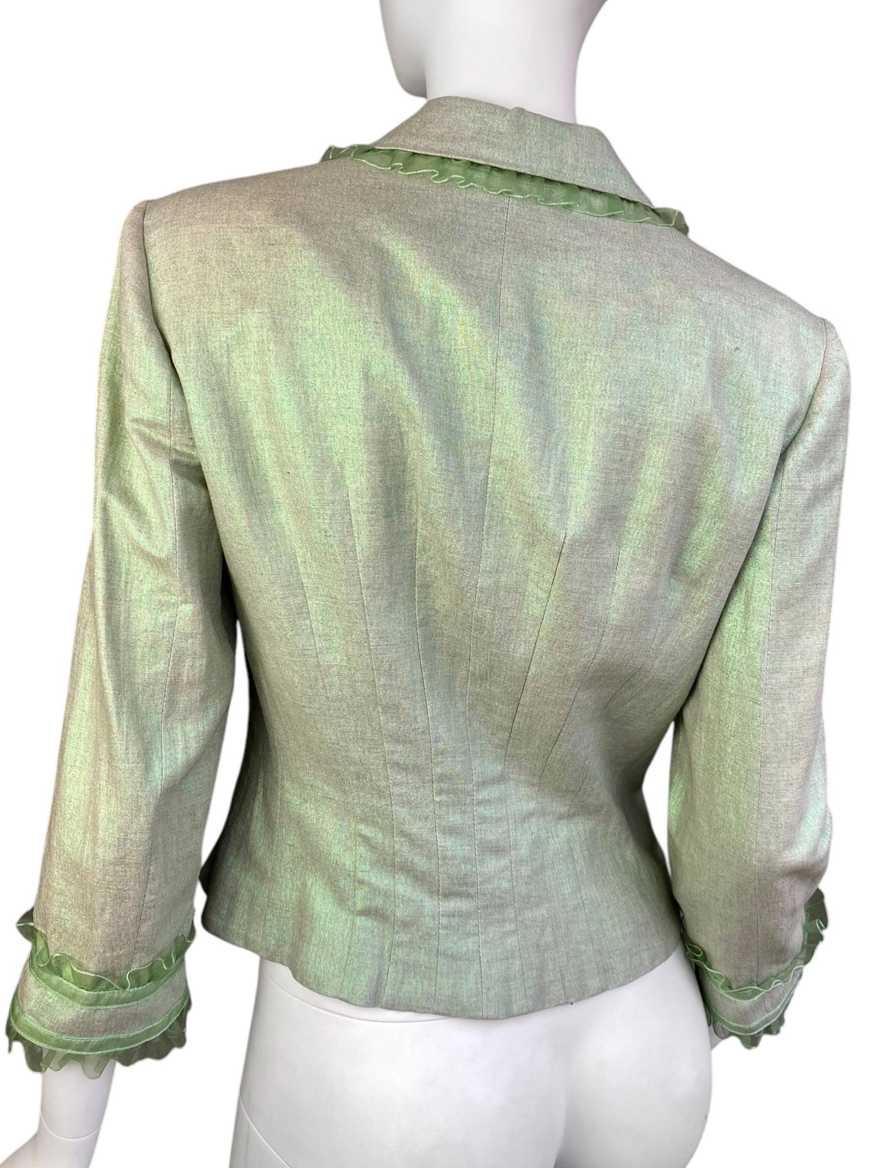 ALEXANDER MCQUEEN c.1995-1996 LIGHT GREEN SHEER RUFFLE TRIM BLAZER 4