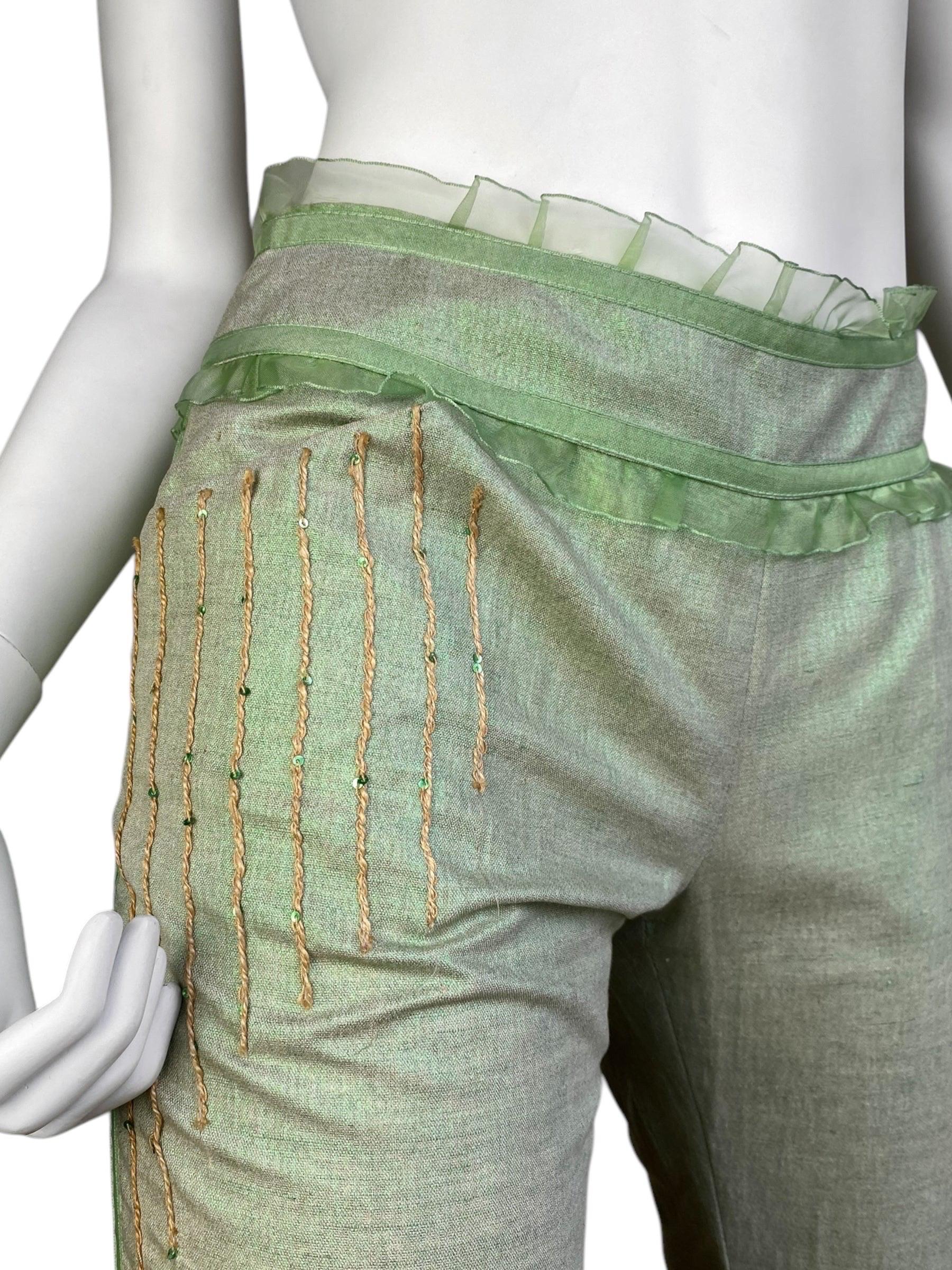 Women's ALEXANDER MCQUEEN c.1995-1996 LIGHT GREEN SHEER RUFFLE TRIM CAPRI PANTS For Sale