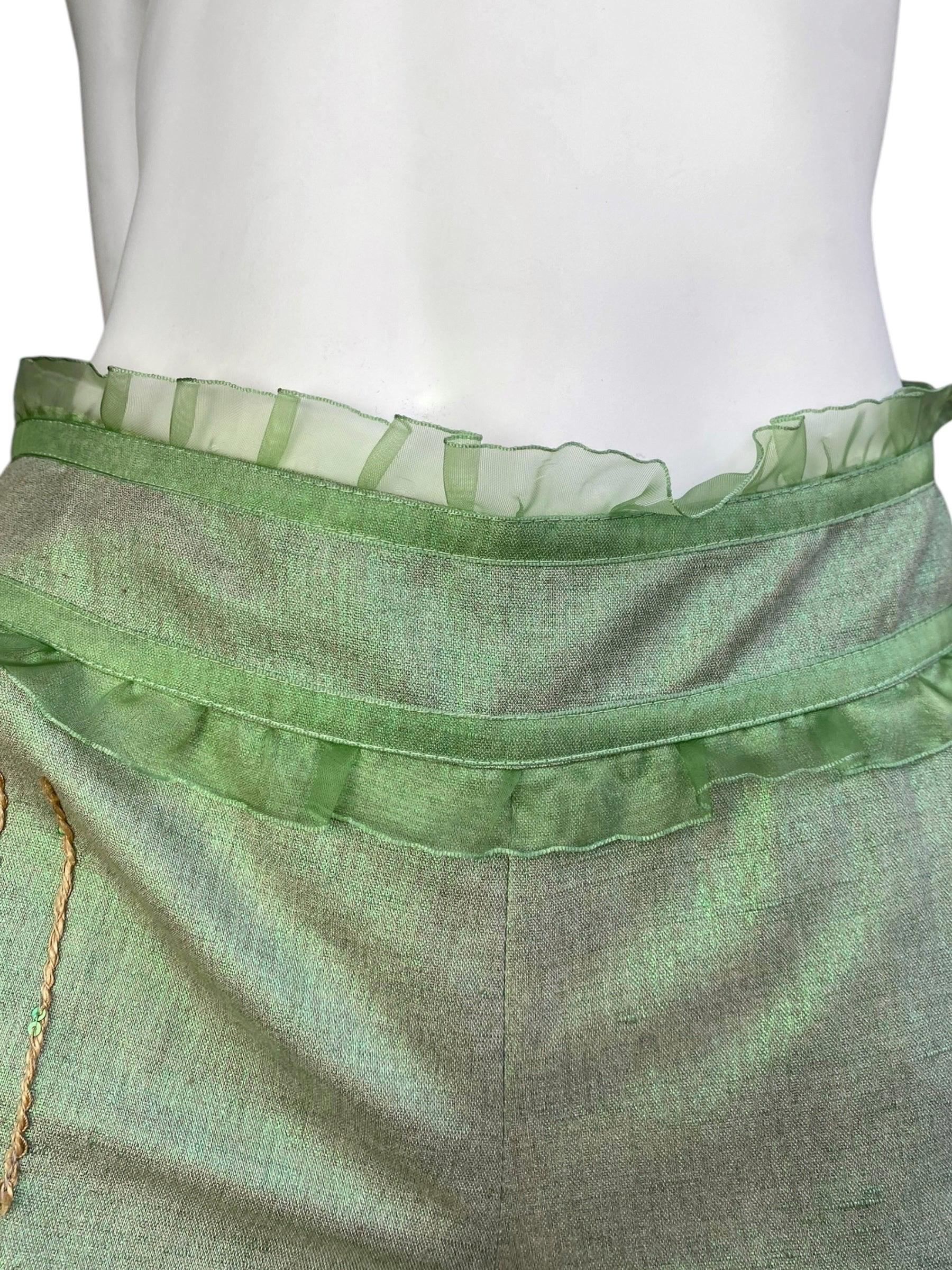 ALEXANDER MCQUEEN c.1995-1996 LIGHT GREEN SHEER RUFFLE TRIM CAPRI PANTS For Sale 1