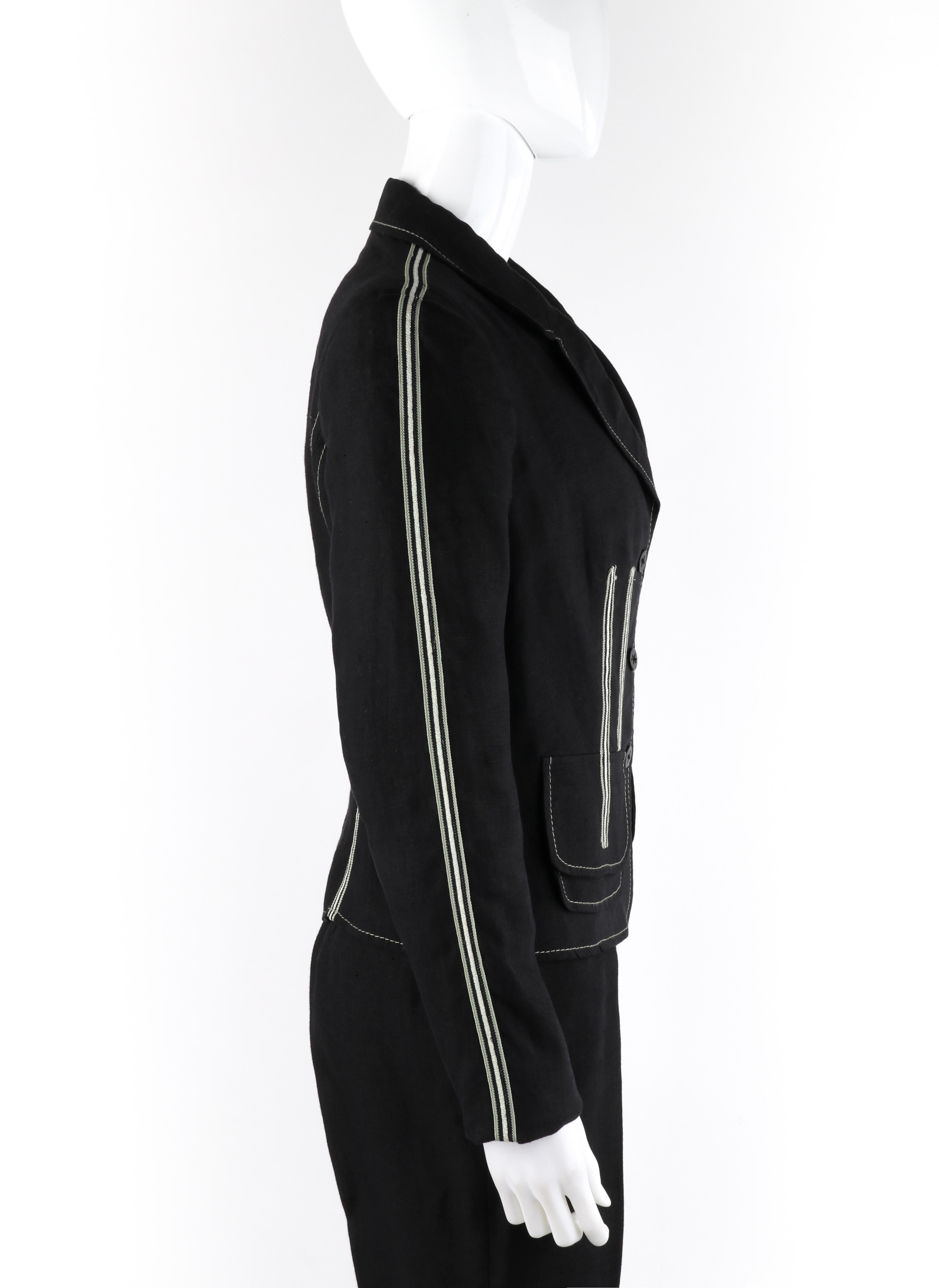 ALEXANDER McQUEEN c.1996 Black Linen Stripe Detail Blazer Trouser Pant Suit Set In Good Condition For Sale In Thiensville, WI