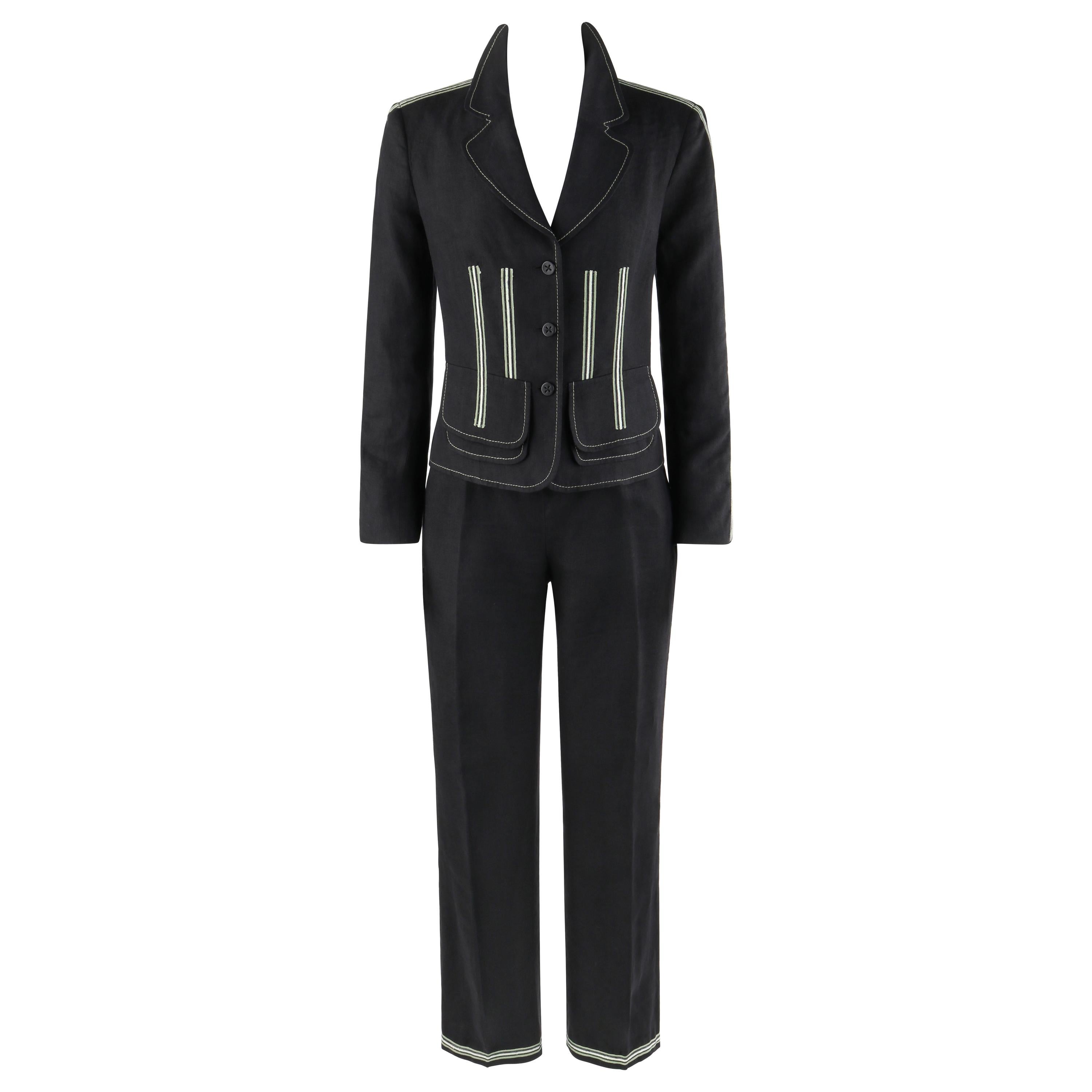 ALEXANDER McQueen c.1996 Blazer in lino nero con dettaglio a righe, pantaloni e completi. in vendita
