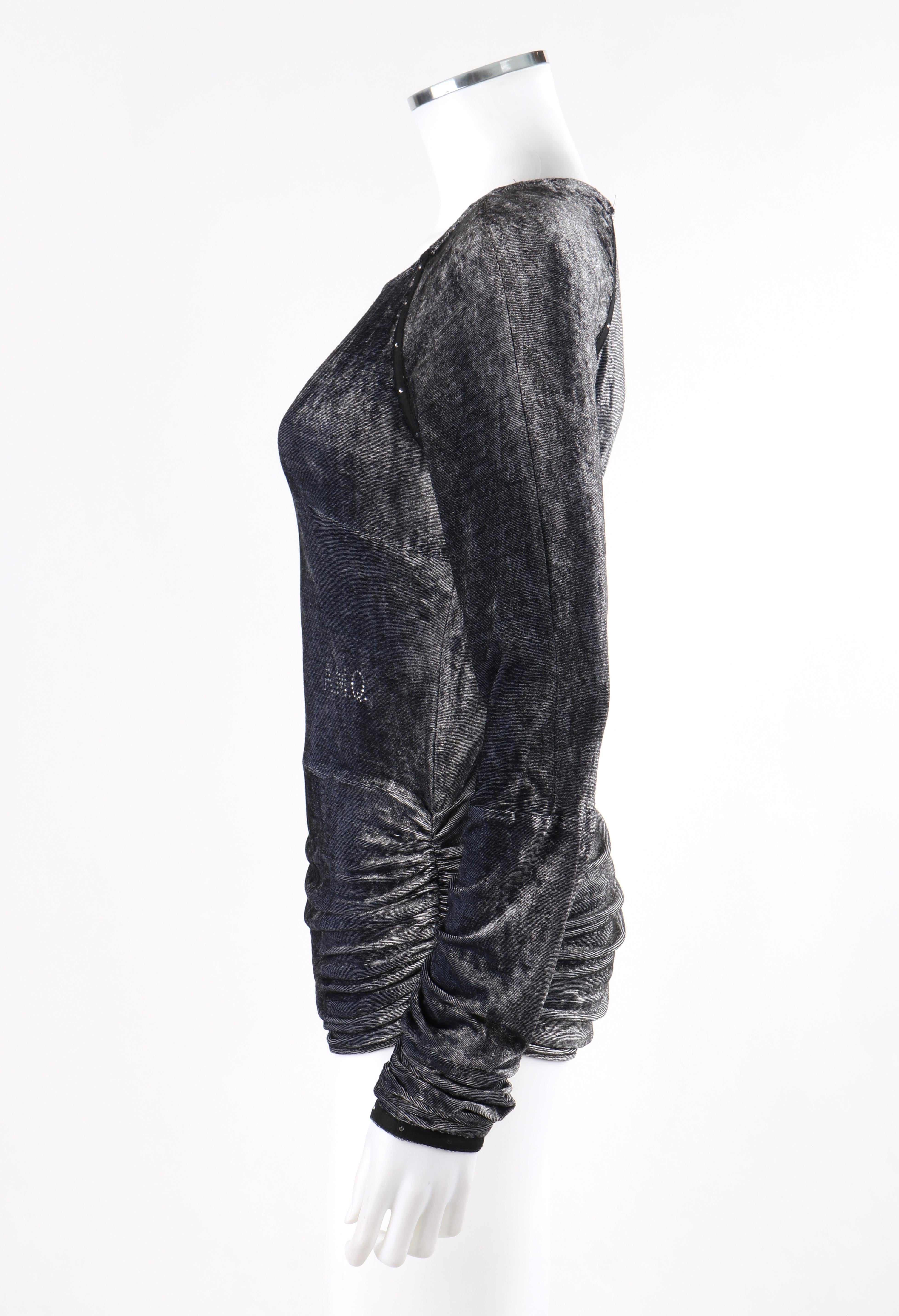 Women's ALEXANDER McQUEEN c.1996 Gray Embellished Crushed Velvet Long Sleeve Top For Sale