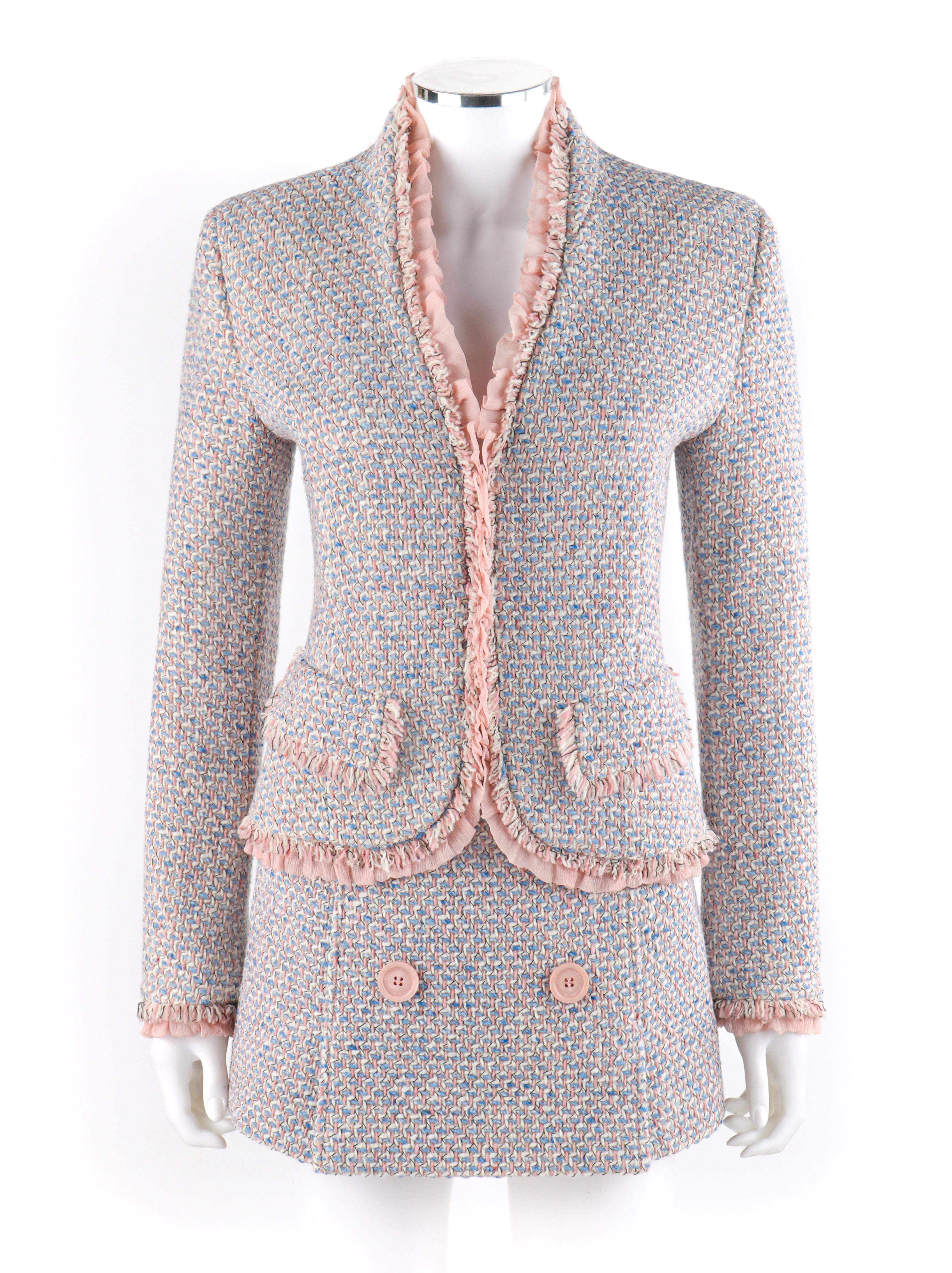 ALEXANDER McQUEEN c.1996 Pink Blue Boucle Tweed Blazer Jacket Mini Skirt Set NWT

Brand / Manufacturer: Alexander McQueen
Collection: 1996
Designer: Alexander McQueen
Style: Fitted blazer jacket with standing collar and v neck;  mini paneled pleated