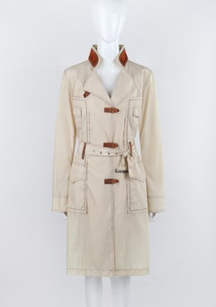 ALEXANDER McQUEEN c.1996 Vtg Beige Leather Accent Western Trench Coat Overcoat
