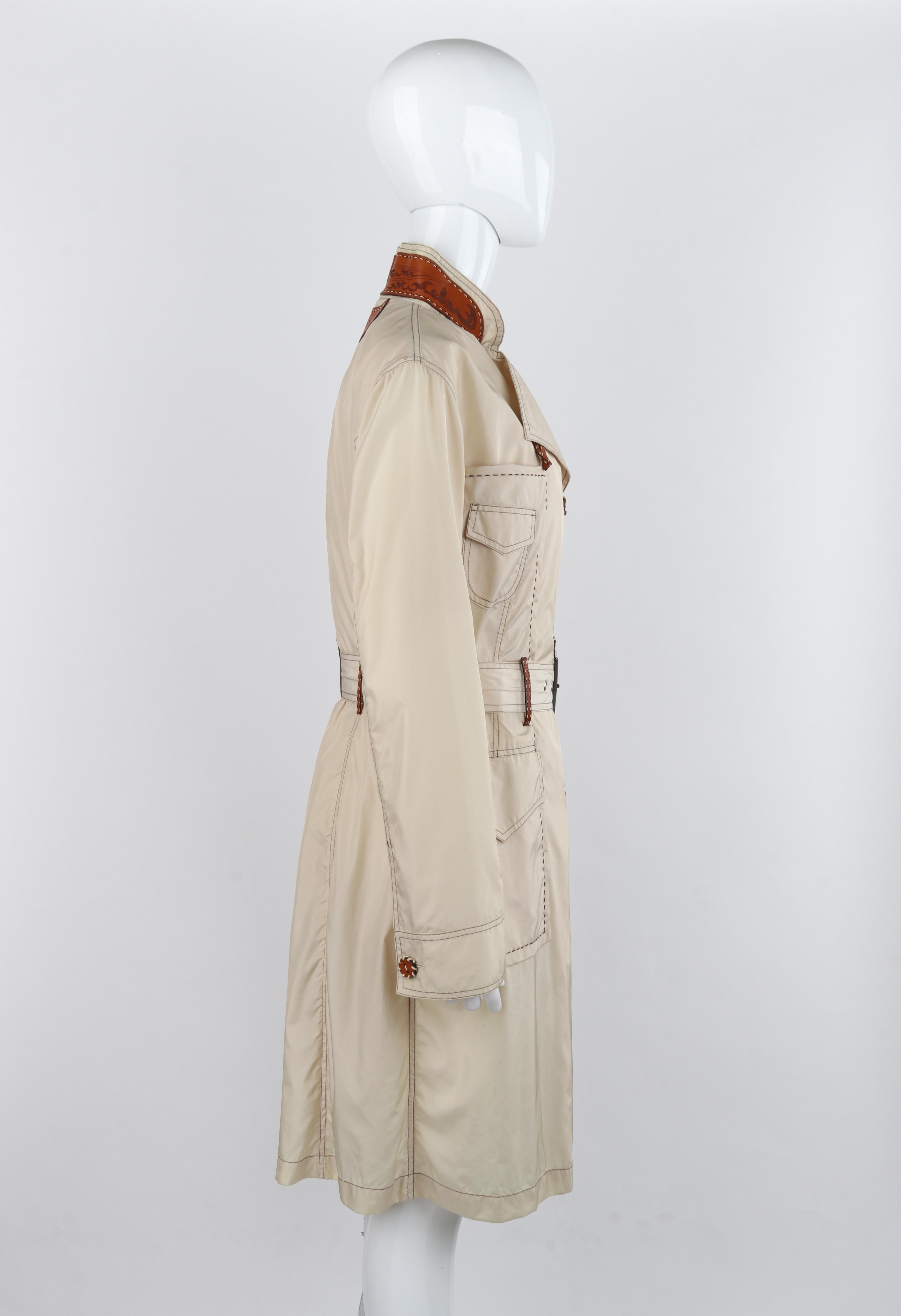 ALEXANDER McQUEEN c.1996 Vtg Beige Leather Accent Western Trench Coat Overcoat  In Good Condition For Sale In Thiensville, WI