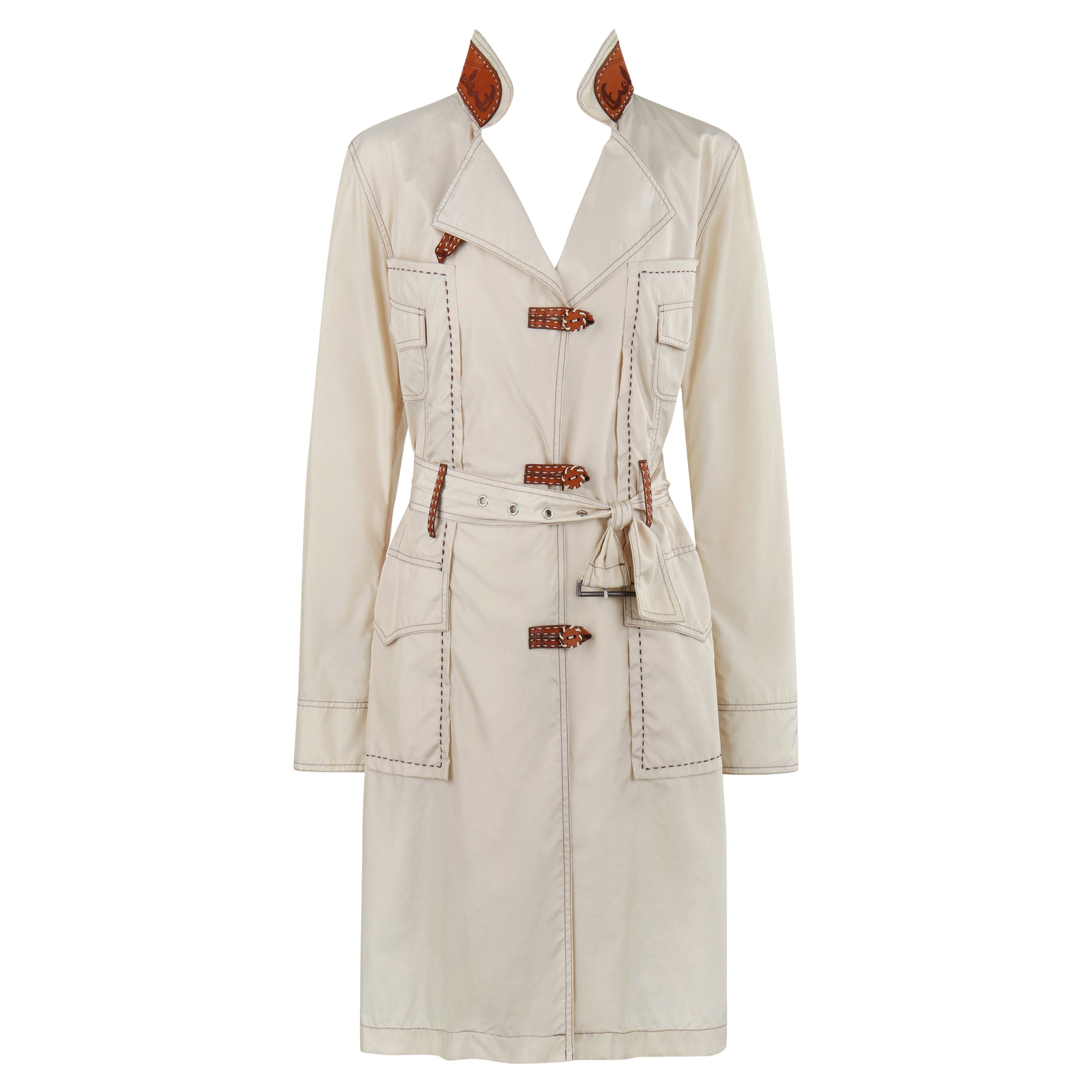 ALEXANDER McQUEEN c.1996 Vtg Beige Leather Accent Western Trench Coat Overcoat