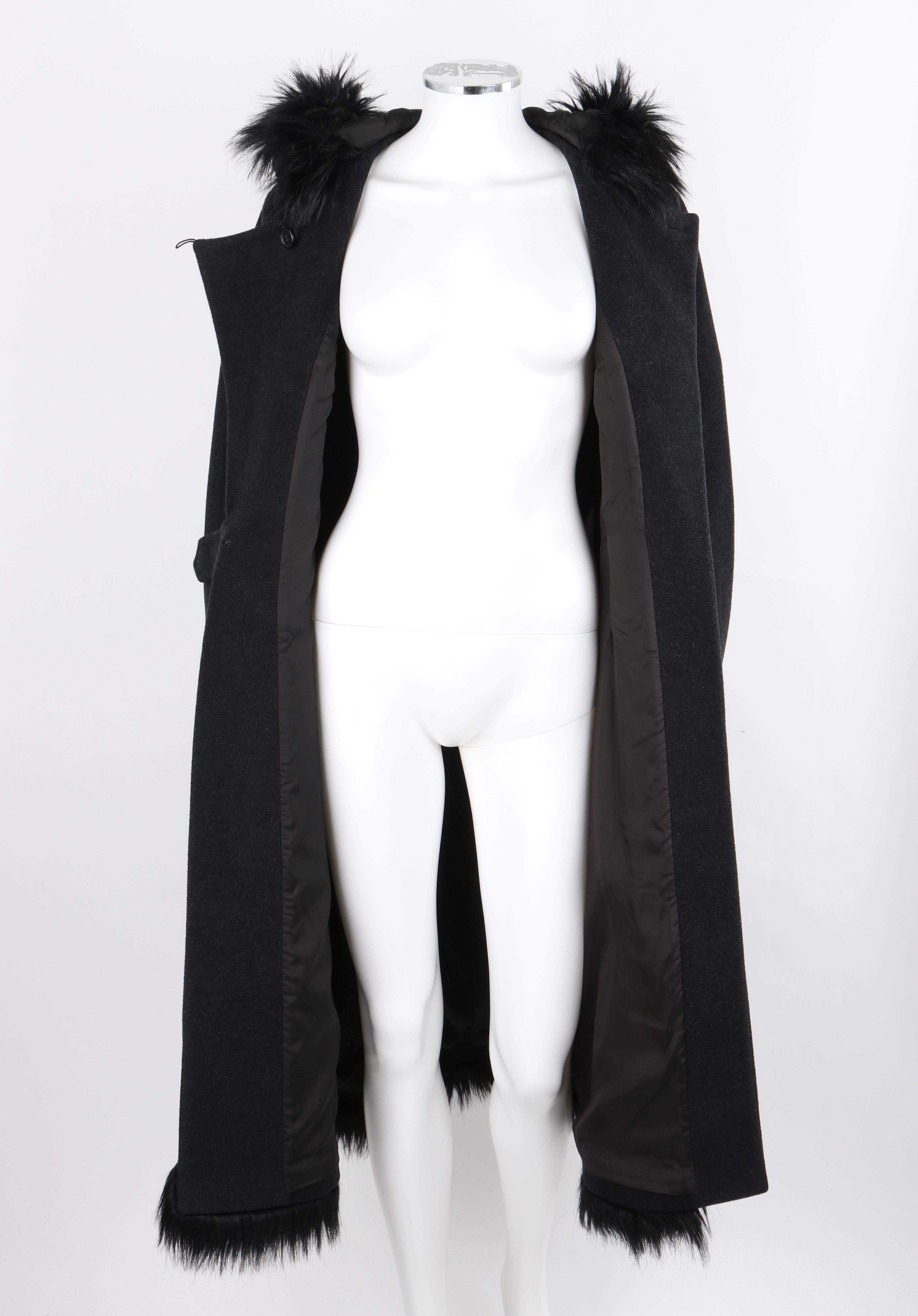 ALEXANDER McQUEEN c.1997 Gray Wool Faux Fur Trim Hooded Belted Coat Overcoat  For Sale 6