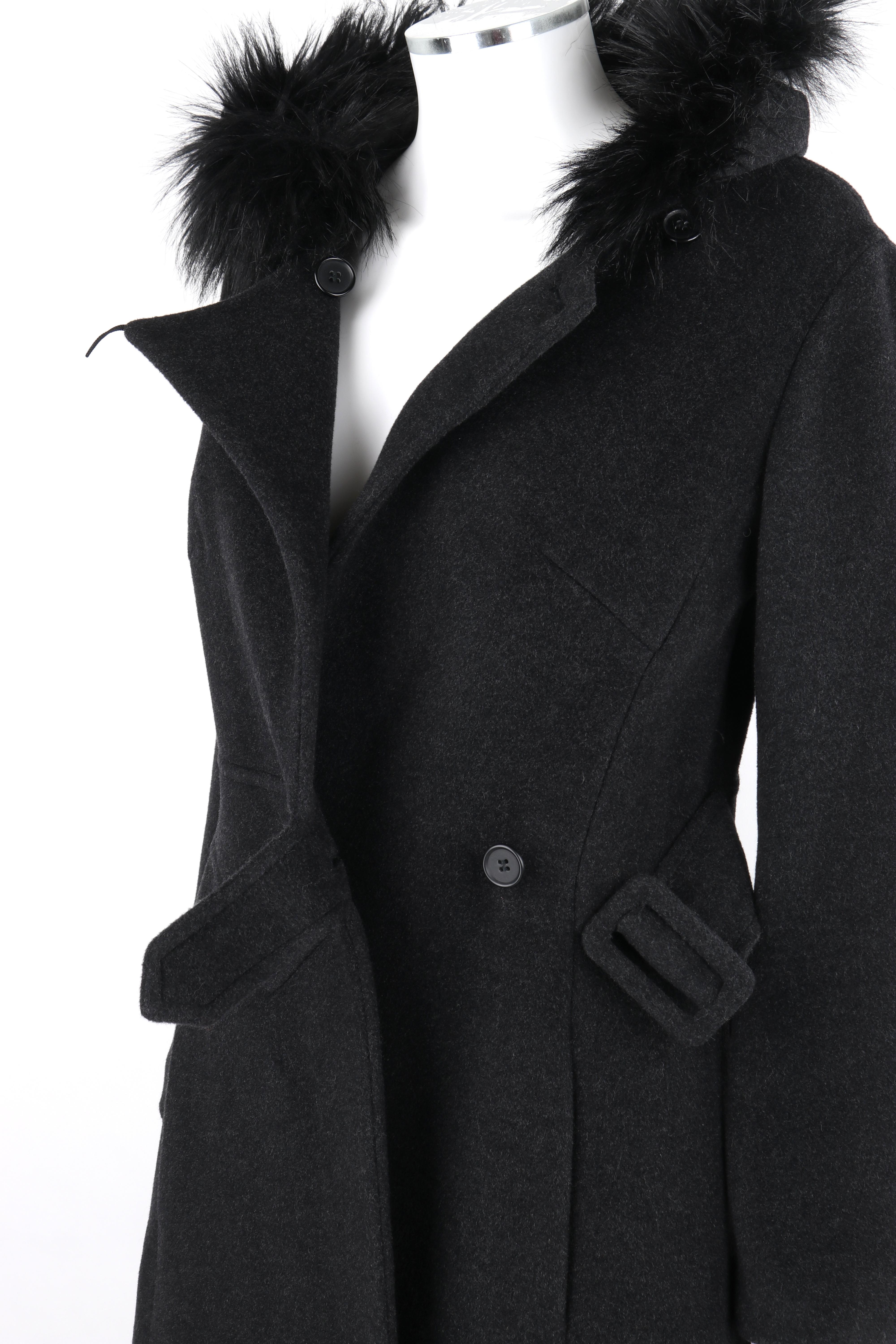 ALEXANDER McQUEEN c.1997 Gray Wool Faux Fur Trim Hooded Belted Coat Overcoat  For Sale 7
