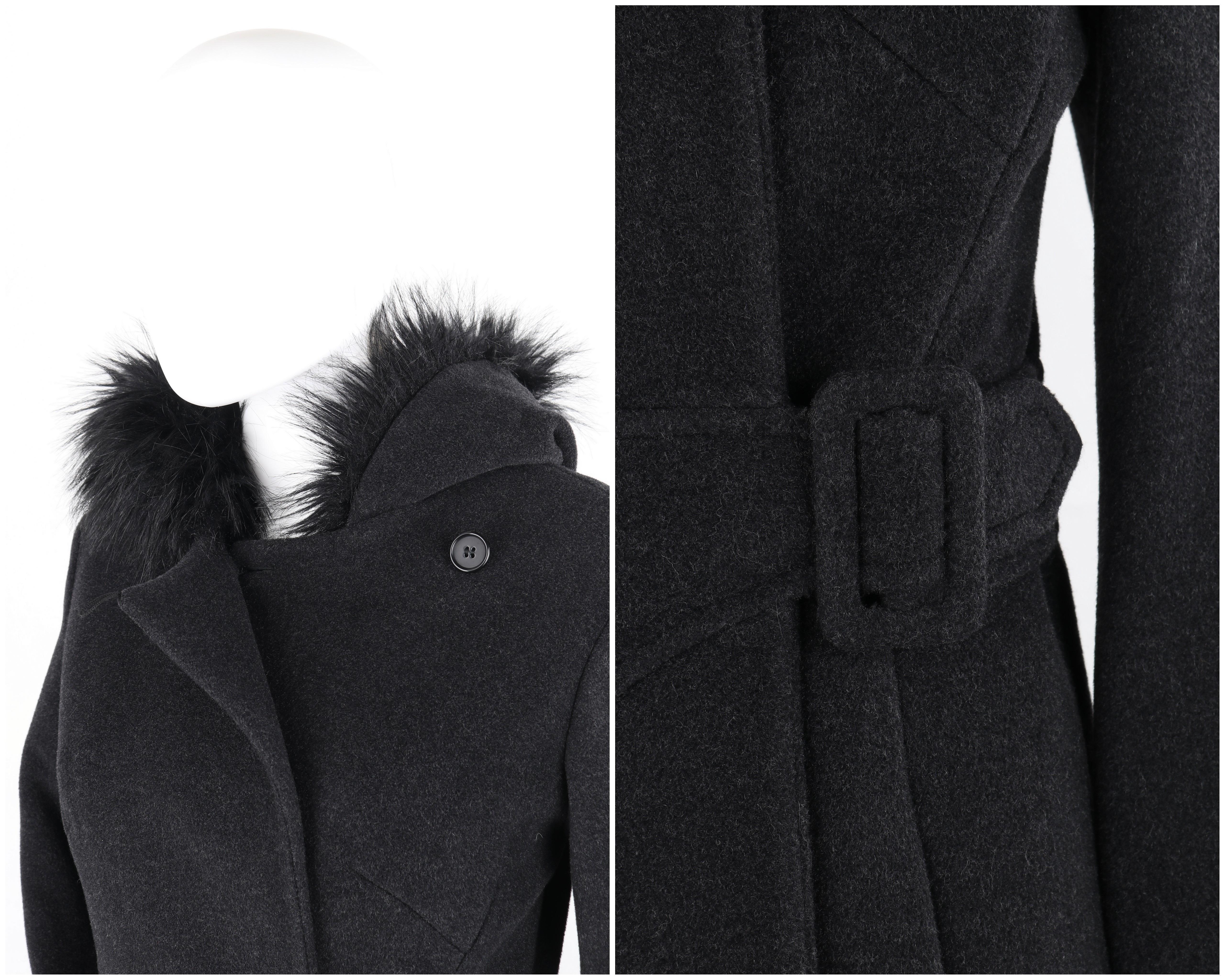 ALEXANDER McQUEEN c.1997 Gray Wool Faux Fur Trim Hooded Belted Coat Overcoat  For Sale 8