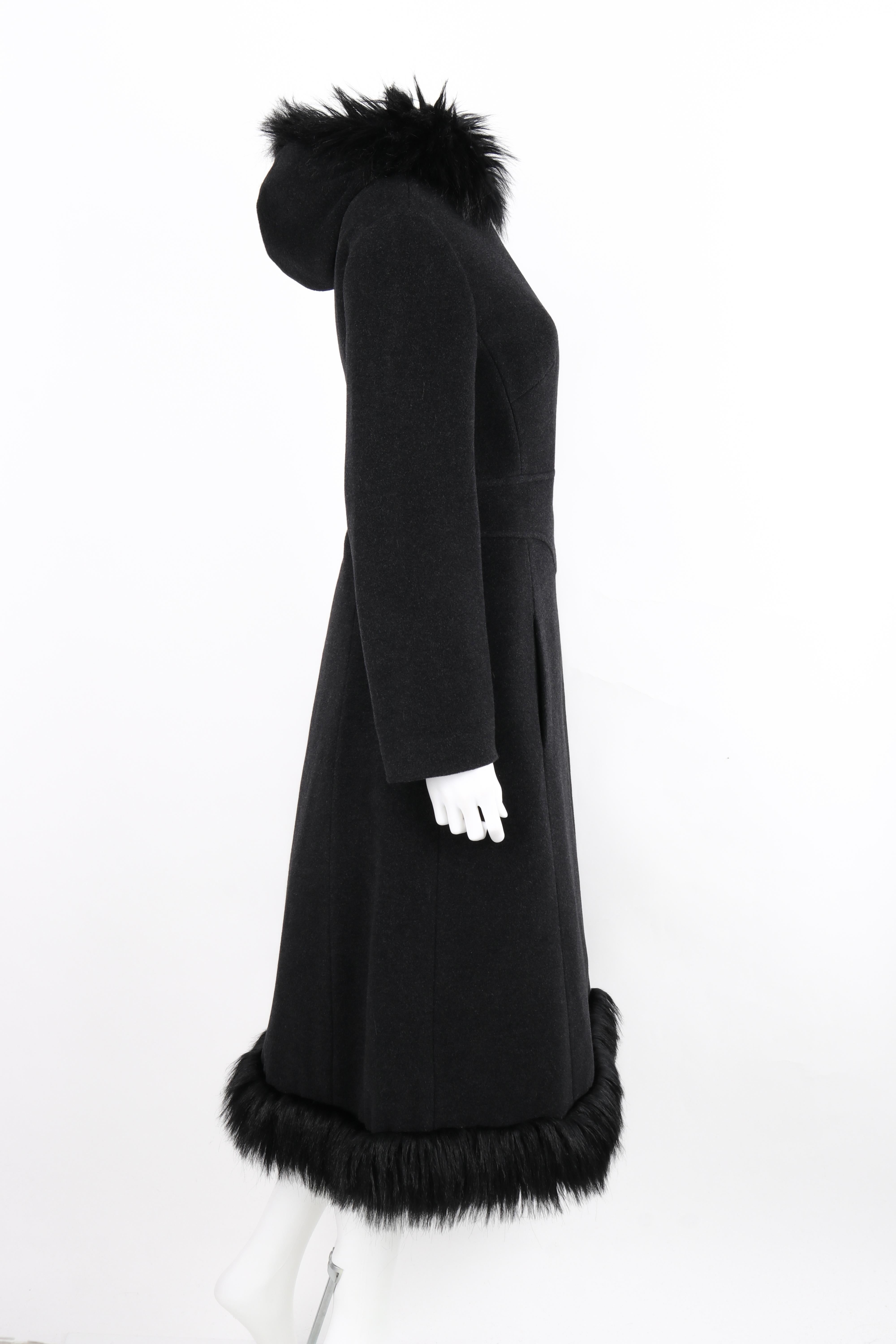 Women's ALEXANDER McQUEEN c.1997 Gray Wool Faux Fur Trim Hooded Belted Coat Overcoat  For Sale