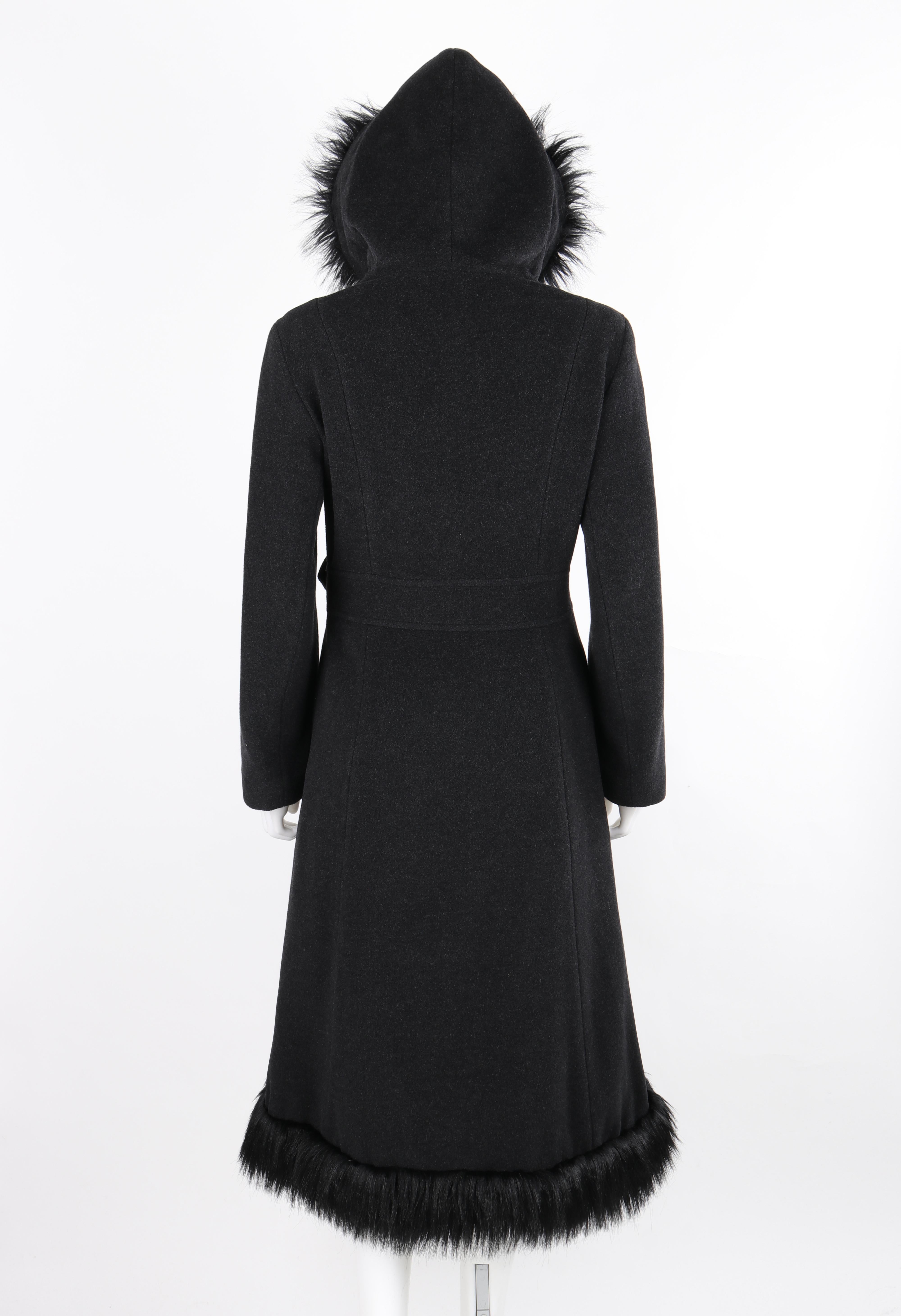 ALEXANDER McQUEEN c.1997 Gray Wool Faux Fur Trim Hooded Belted Coat Overcoat  For Sale 2