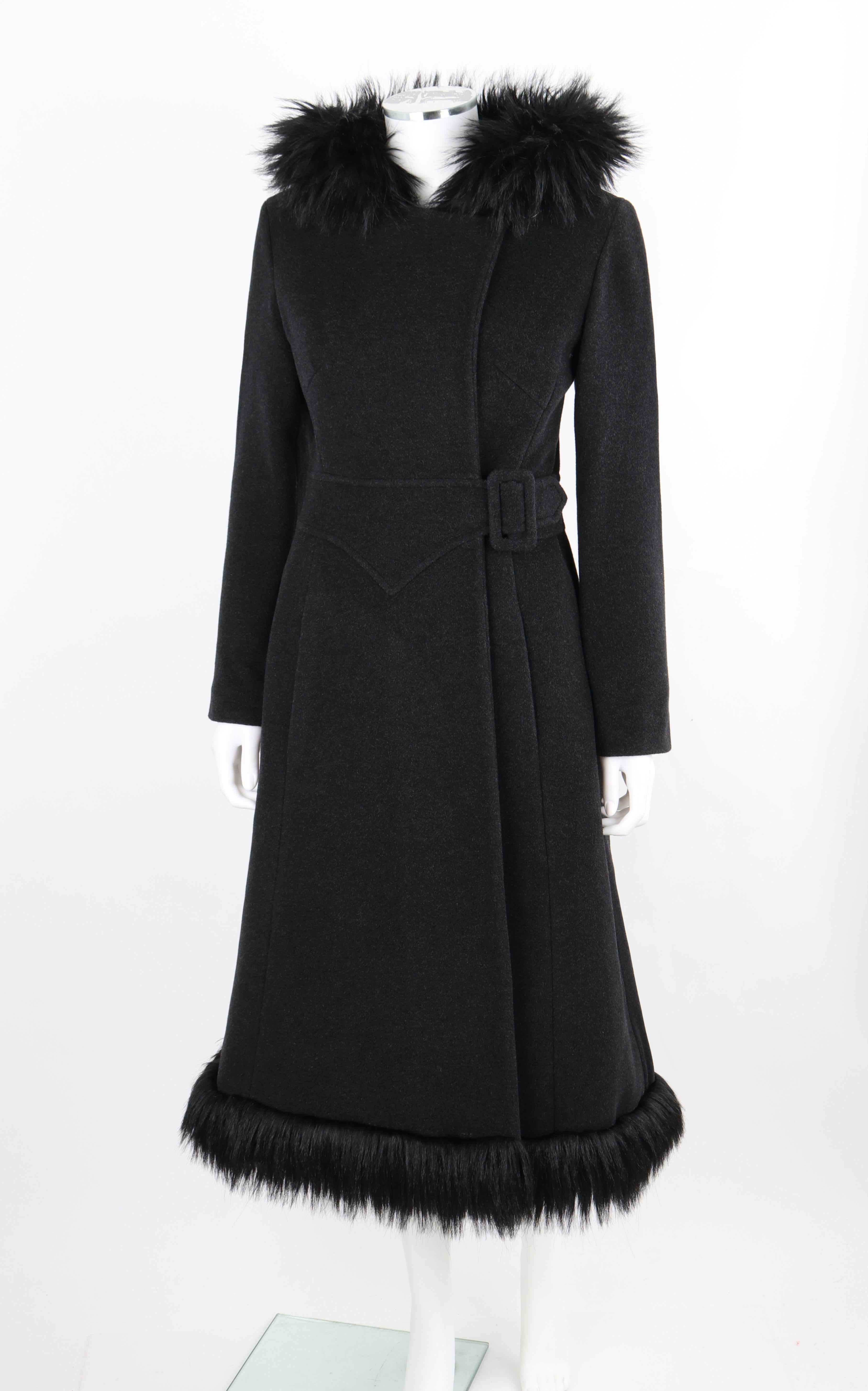 ALEXANDER McQUEEN c.1997 Gray Wool Faux Fur Trim Hooded Belted Coat Overcoat  For Sale 4