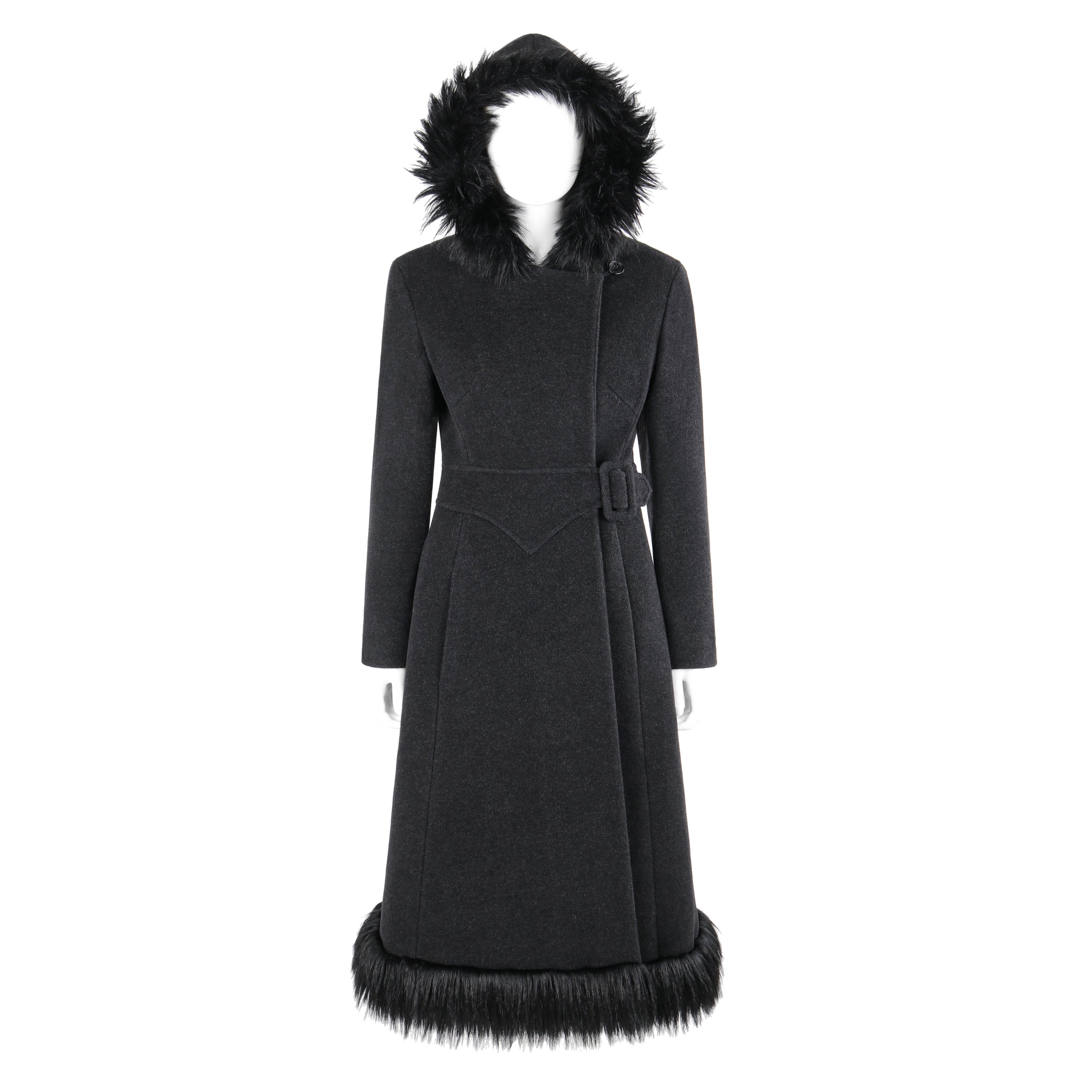 ALEXANDER McQueen c.1997 Cappotto con cappuccio e cintura in lana grigia con bordo in pelliccia sintetica