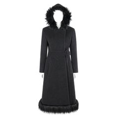 ALEXANDER McQUEEN c.1997 Abrigo con capucha y cinturón, gris, lana, ribete de piel sintética Abrigo