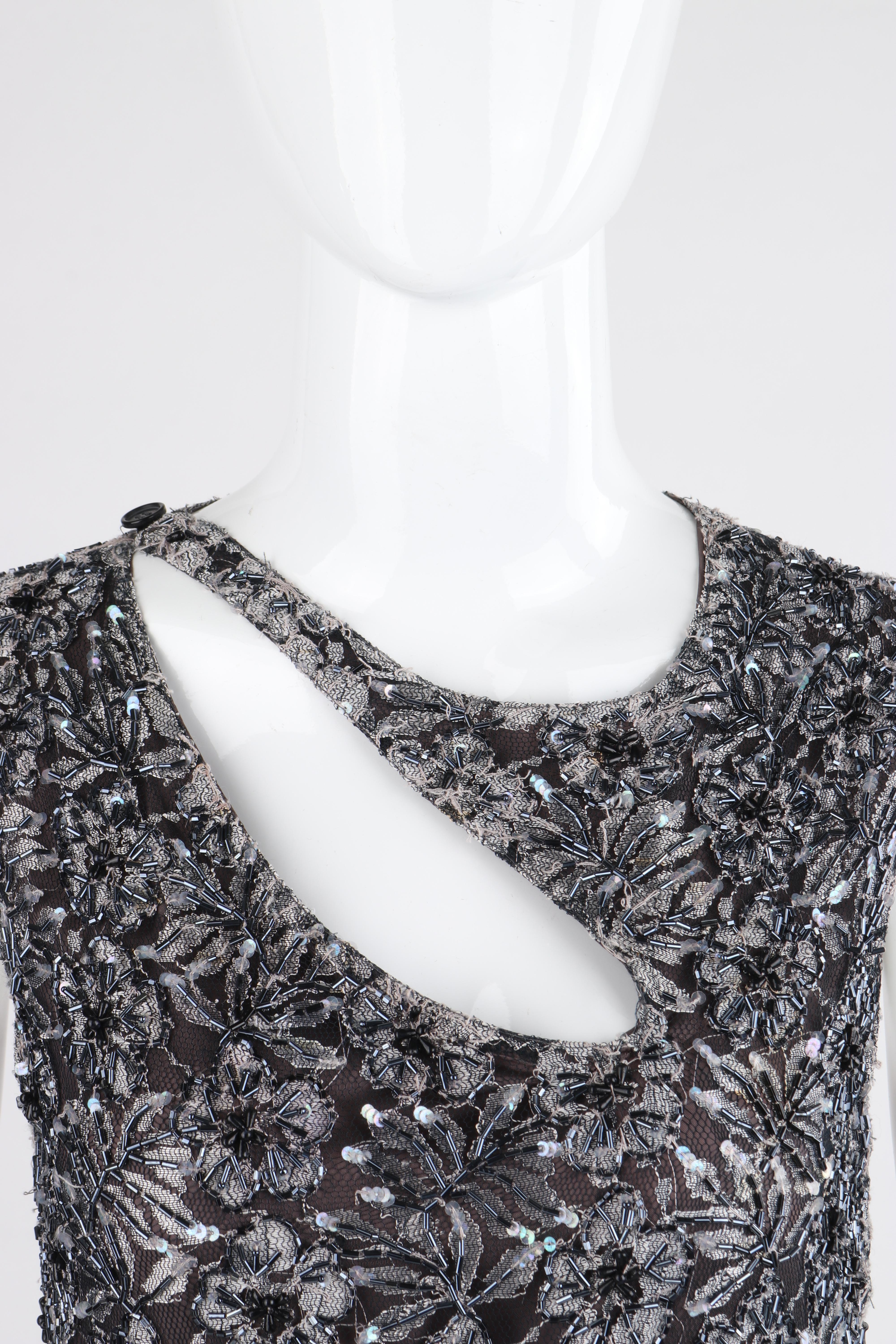 ALEXANDER McQUEEN c.1999 Vtg Grey Sequin Beaded Lace Embellished Cutout Dress In Good Condition For Sale In Thiensville, WI