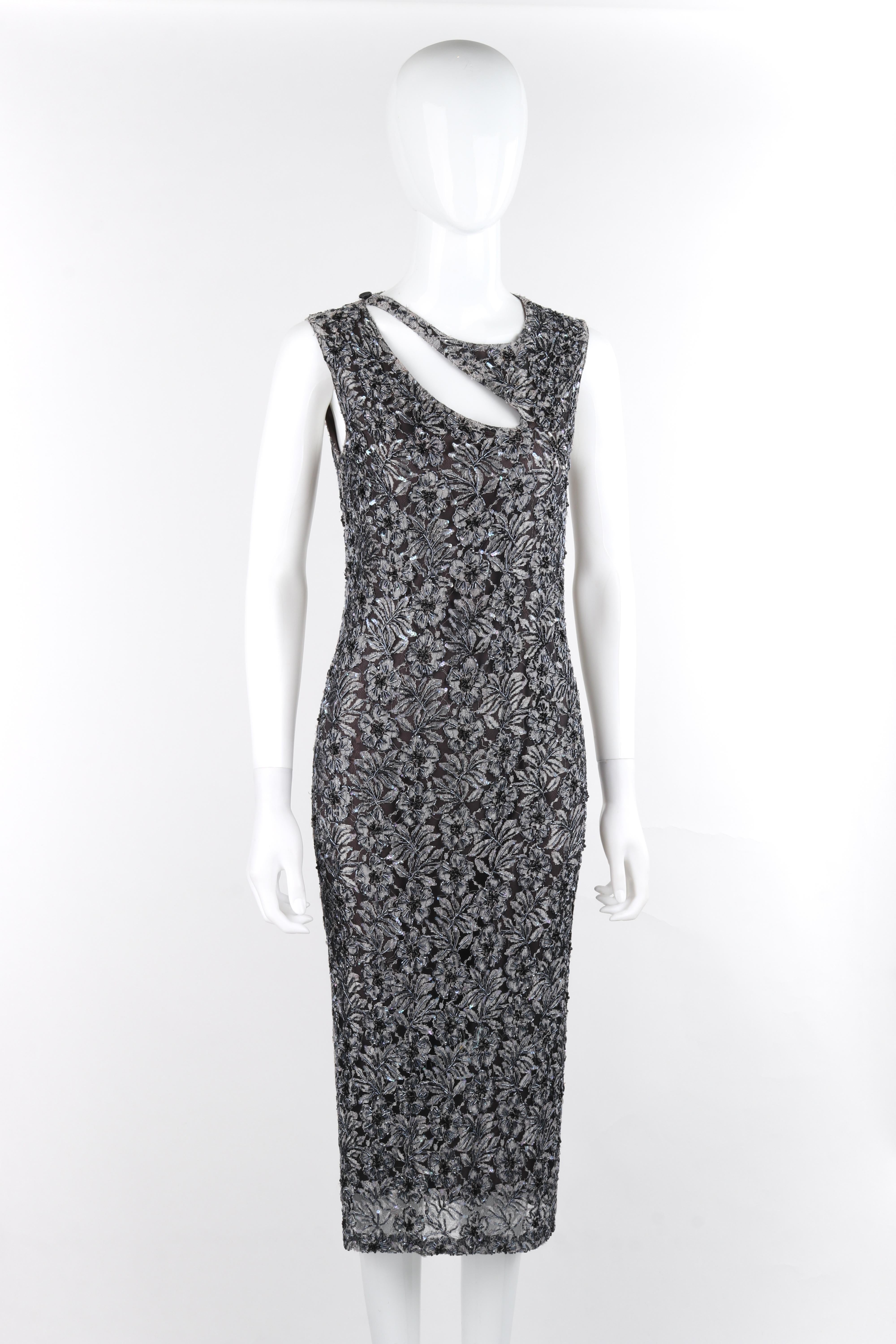 ALEXANDER McQUEEN c.1999 Vtg Grau Pailletten Perlen Spitze verschönert Ausschnitt Kleid Damen im Angebot