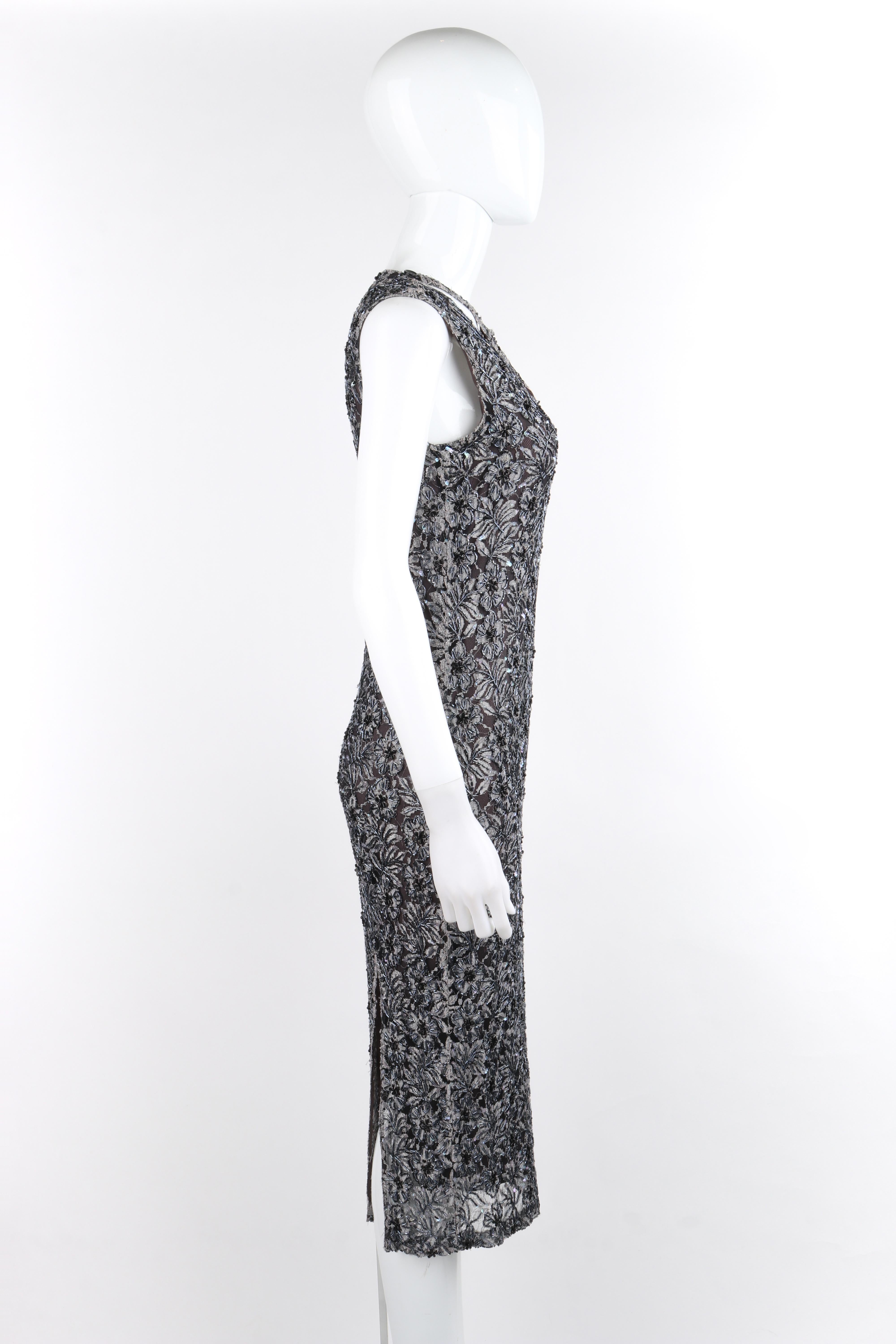 ALEXANDER McQUEEN c.1999 Vtg Grau Pailletten Perlen Spitze verschönert Ausschnitt Kleid im Angebot 1