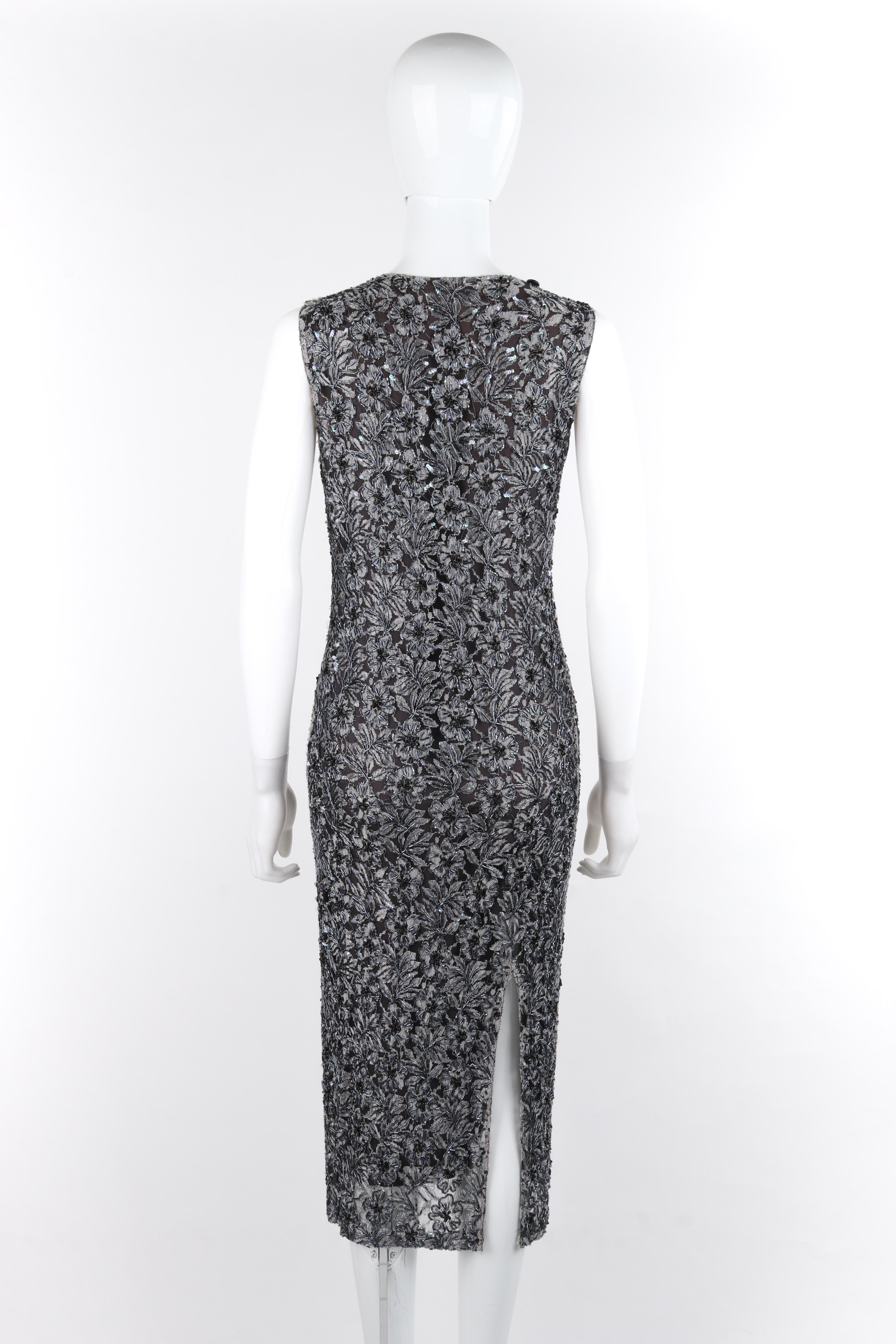 ALEXANDER McQUEEN c.1999 Vtg Grey Sequin Beaded Lace Embellished Cutout Dress For Sale 2