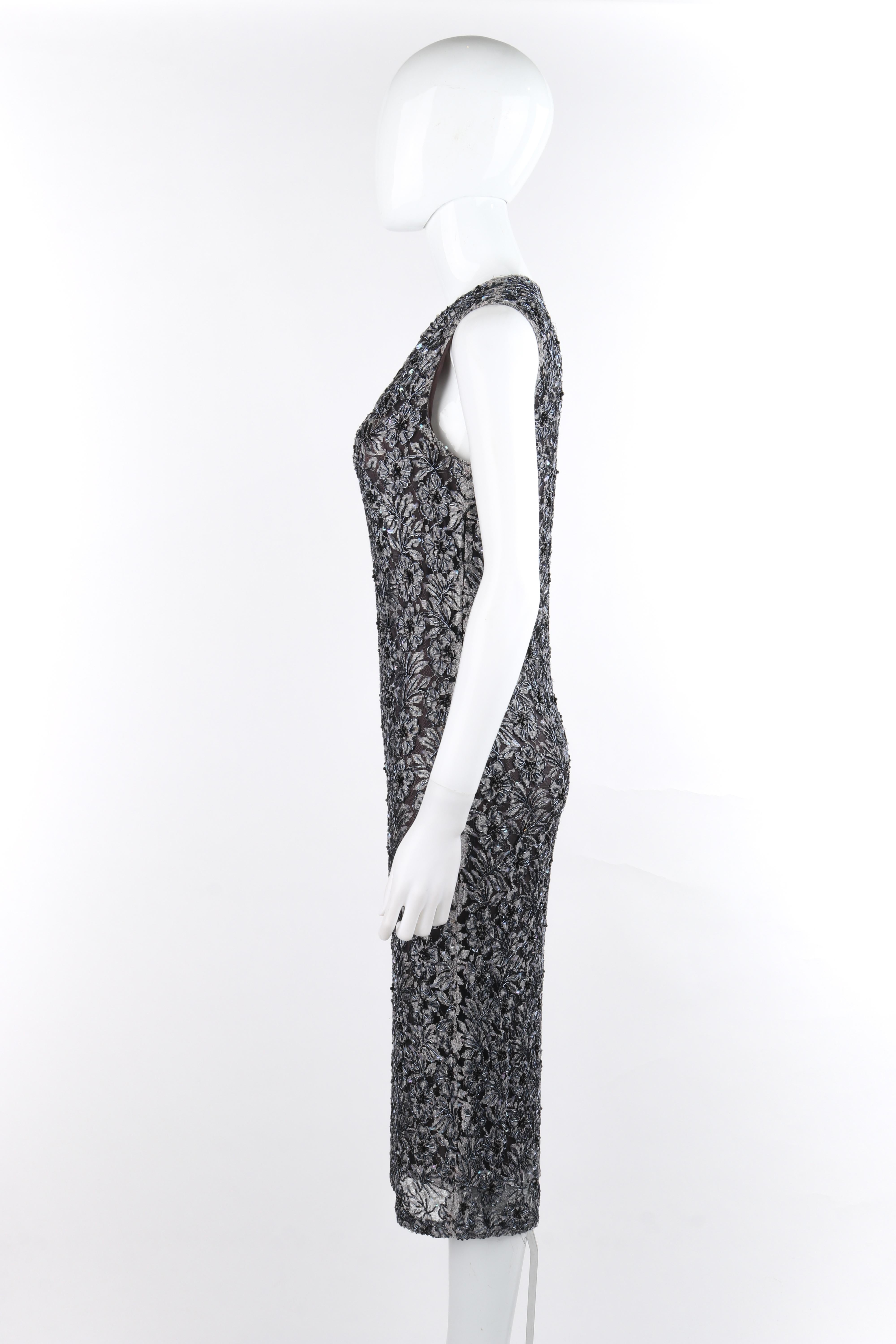ALEXANDER McQUEEN c.1999 Vtg Grau Pailletten Perlen Spitze verschönert Ausschnitt Kleid im Angebot 3
