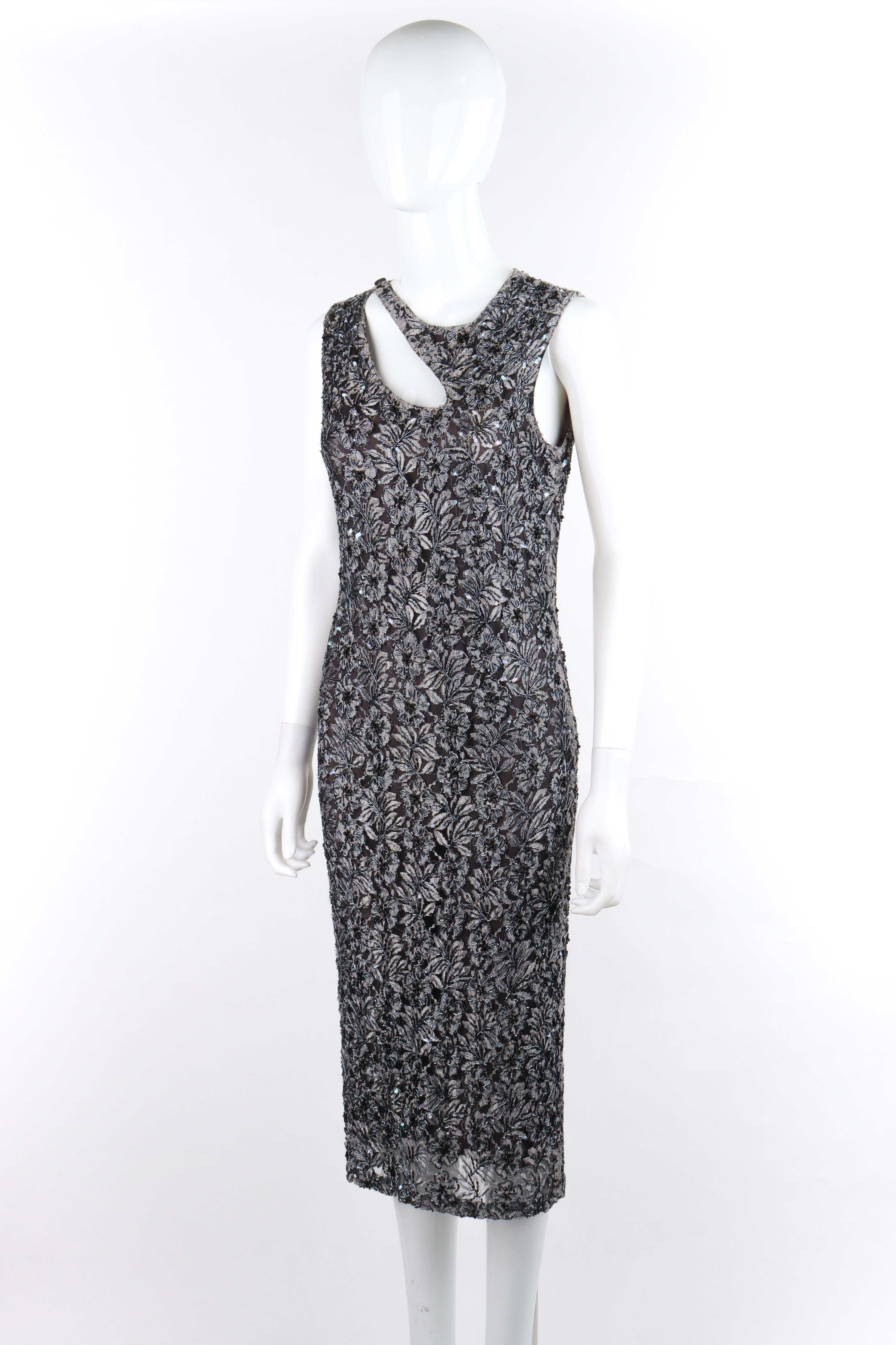 ALEXANDER McQUEEN c.1999 Vtg Grey Sequin Beaded Lace Embellished Cutout Dress For Sale 4