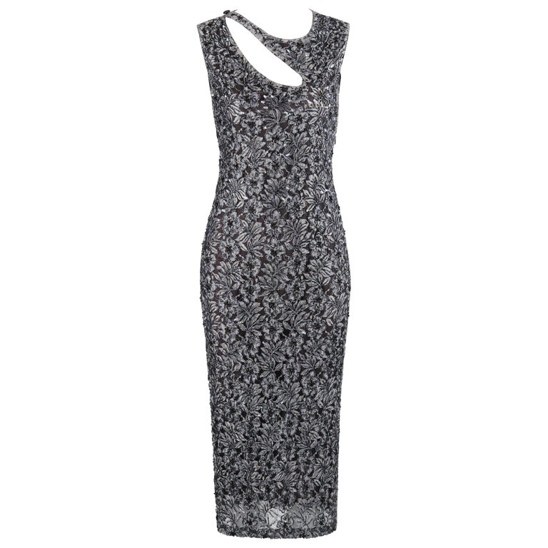 ALEXANDER McQUEEN c.1999 Vtg Grey Sequin Beaded Lace Embellished Cutout  Dress