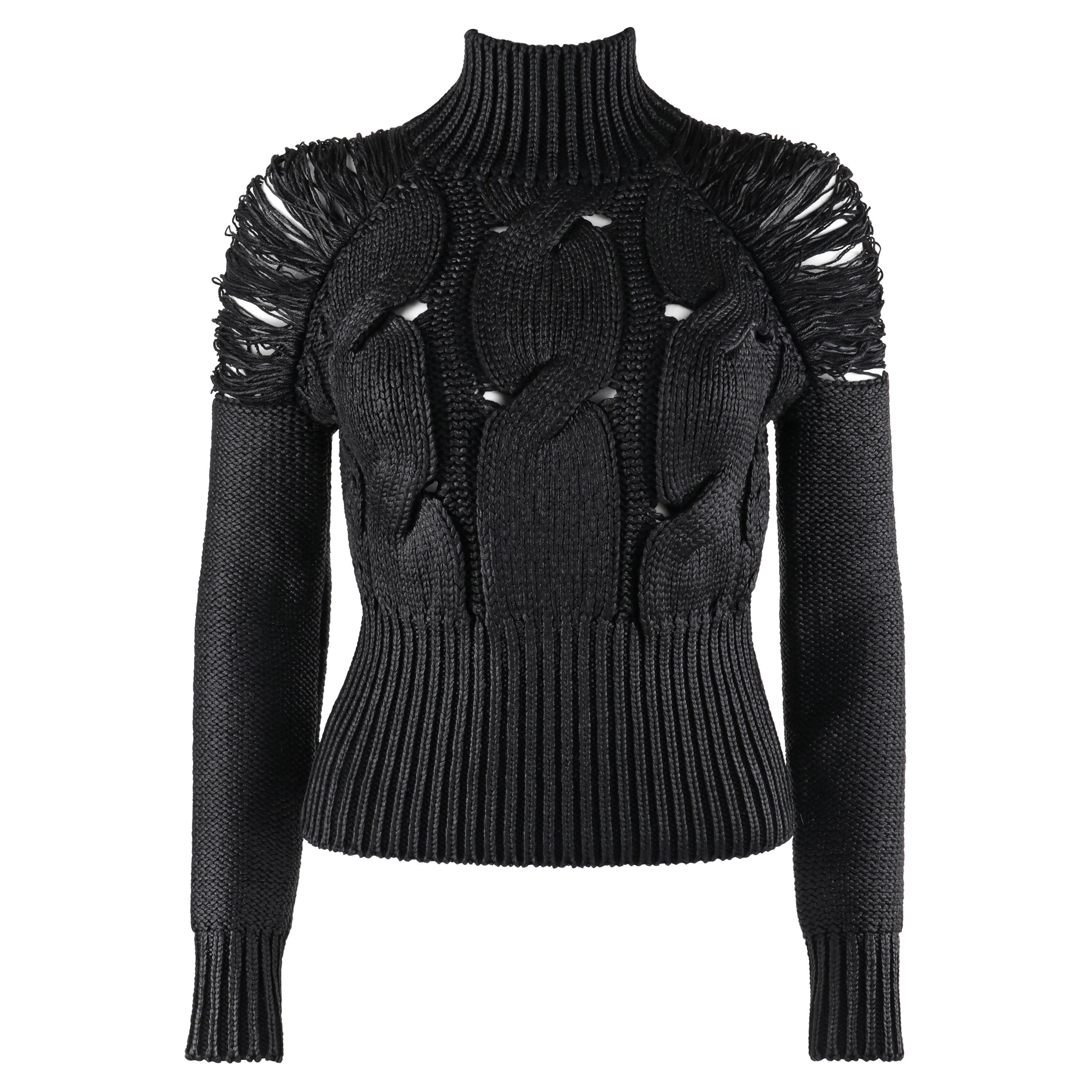 ALEXANDER McQUEEN c.2001 Black Metallic Glazed Distressed Turtleneck Sweater