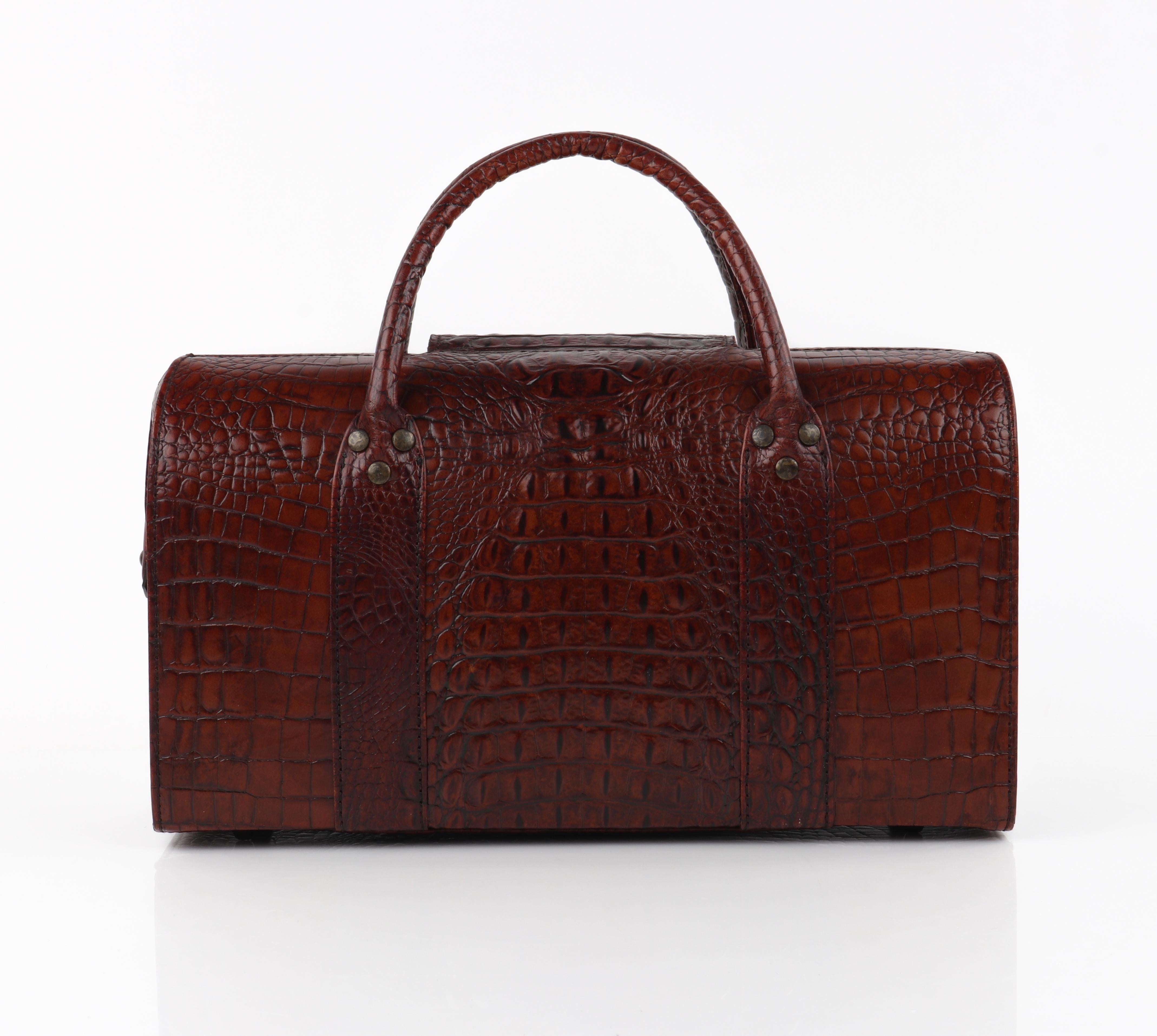 ALEXANDER McQUEEN c.2003 Brown Leather Crocodile Embossed Buckle Box Handbag In Good Condition For Sale In Thiensville, WI