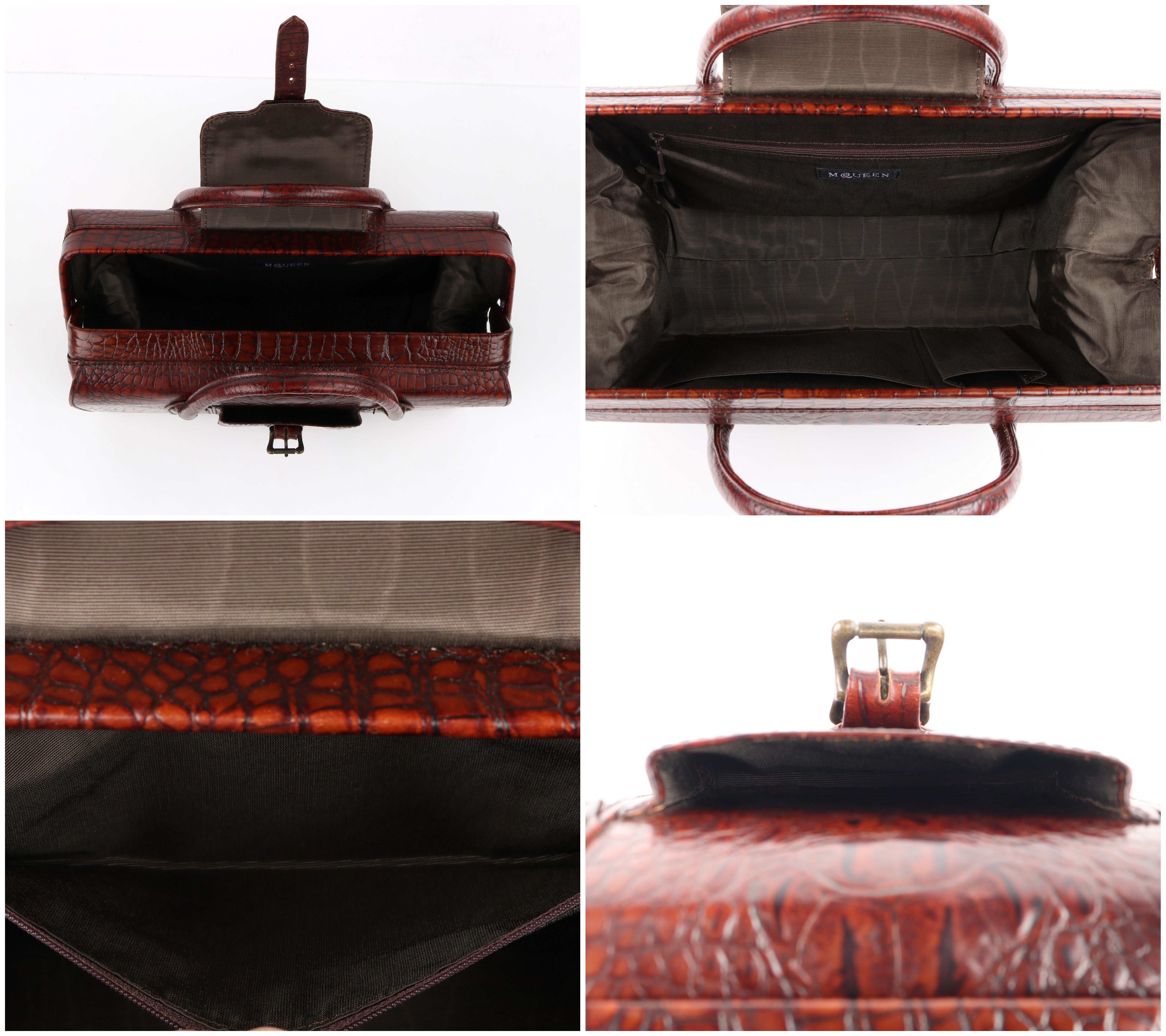 ALEXANDER McQUEEN c.2003 Brown Leather Crocodile Embossed Buckle Box Handbag For Sale 2