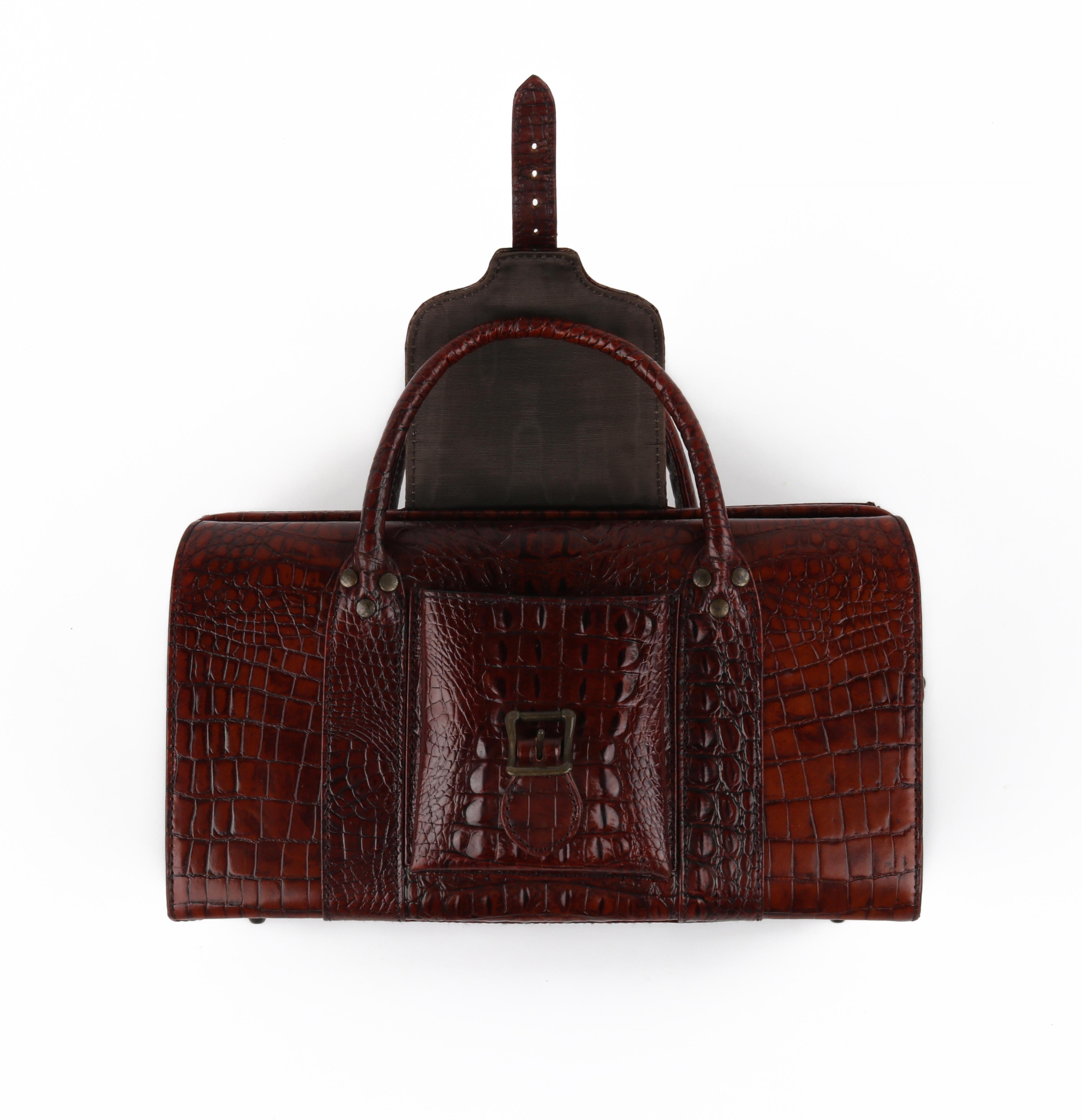 ALEXANDER McQUEEN c.2003 Brown Leather Crocodile Embossed Buckle Box Handbag For Sale 4