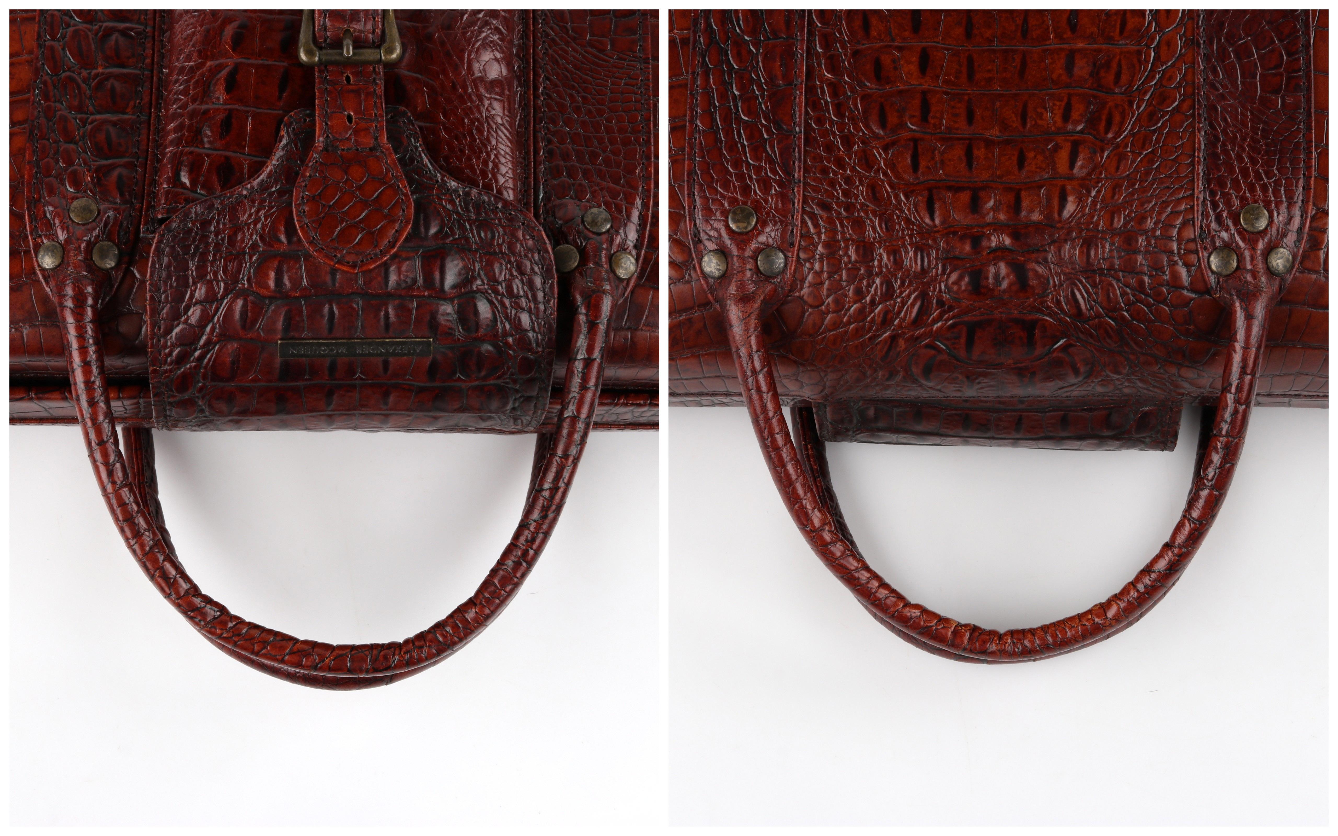 ALEXANDER McQUEEN c.2003 Brown Leather Crocodile Embossed Buckle Box Handbag For Sale 5