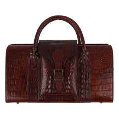 ALEXANDER McQUEEN um 2003 Brown Leather Crocodile Embossed Buckle Box Handtasche