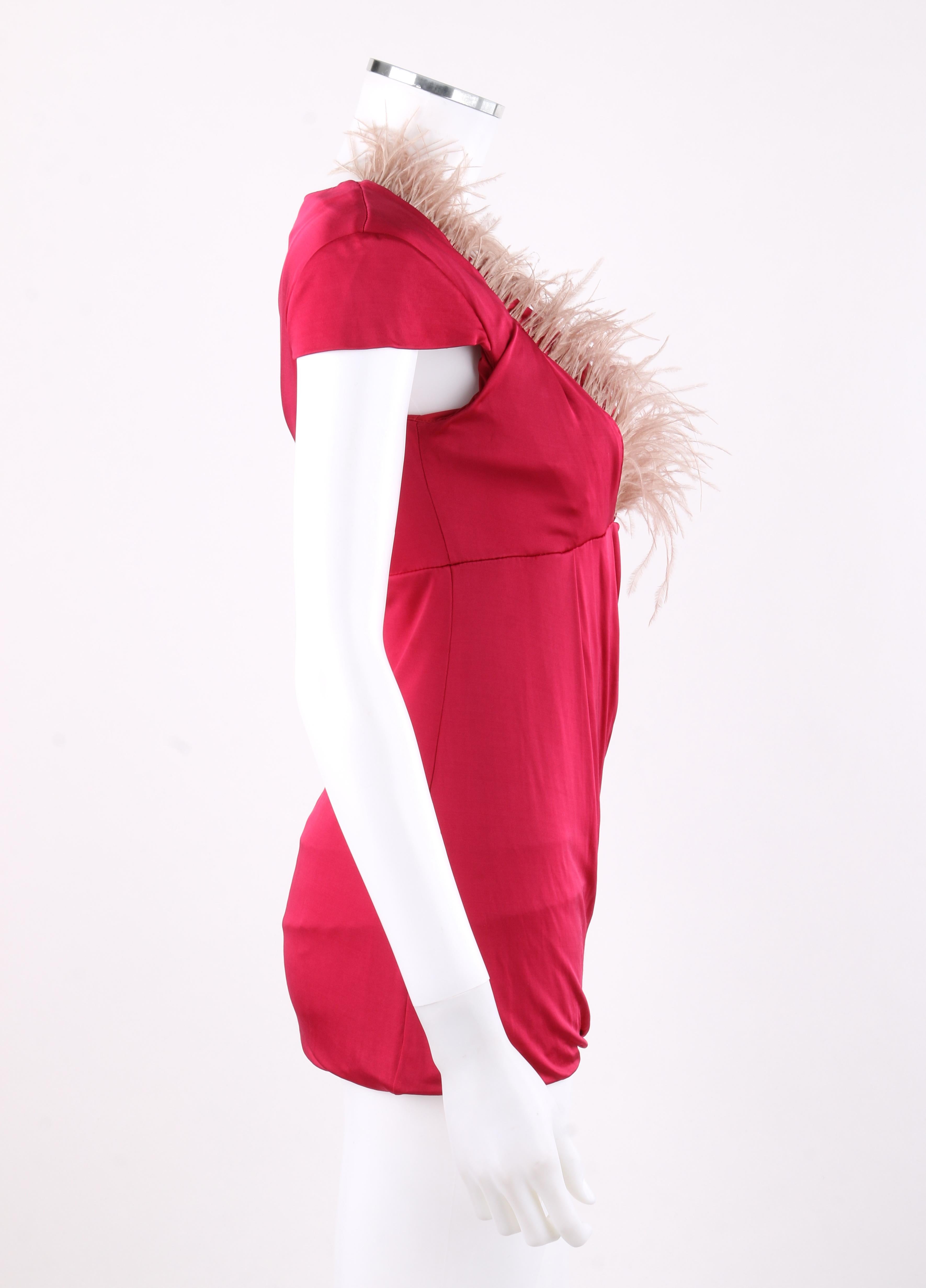 Red ALEXANDER McQUEEN c.2006 Cerise Silk Jersey Draped Ostrich Feather Top For Sale