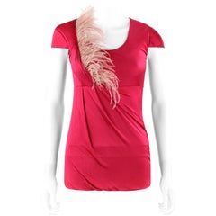 Used ALEXANDER McQUEEN c.2006 Cerise Silk Jersey Draped Ostrich Feather Top