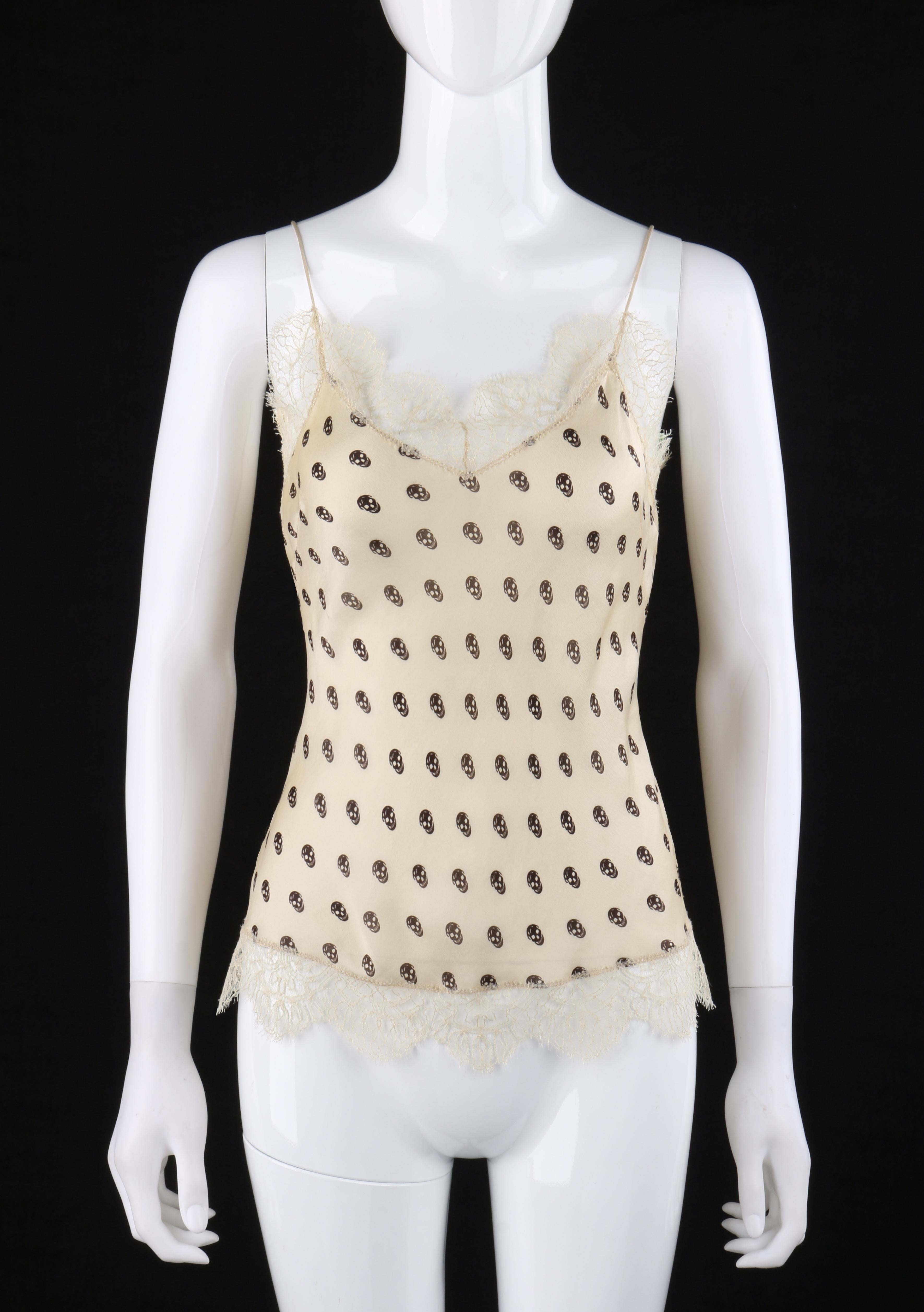 ALEXANDER McQUEEN c.2006 Cream Black Skull Print Lace Silk Tank Top Camisole
 
Brand / Manufacturer: Alexander McQueen
Style: Tank Top
Color(s): Shades of cream and black
Lined: No      
Marked Fabric Content: 90% Silk, 10% Cotton
Additional Details