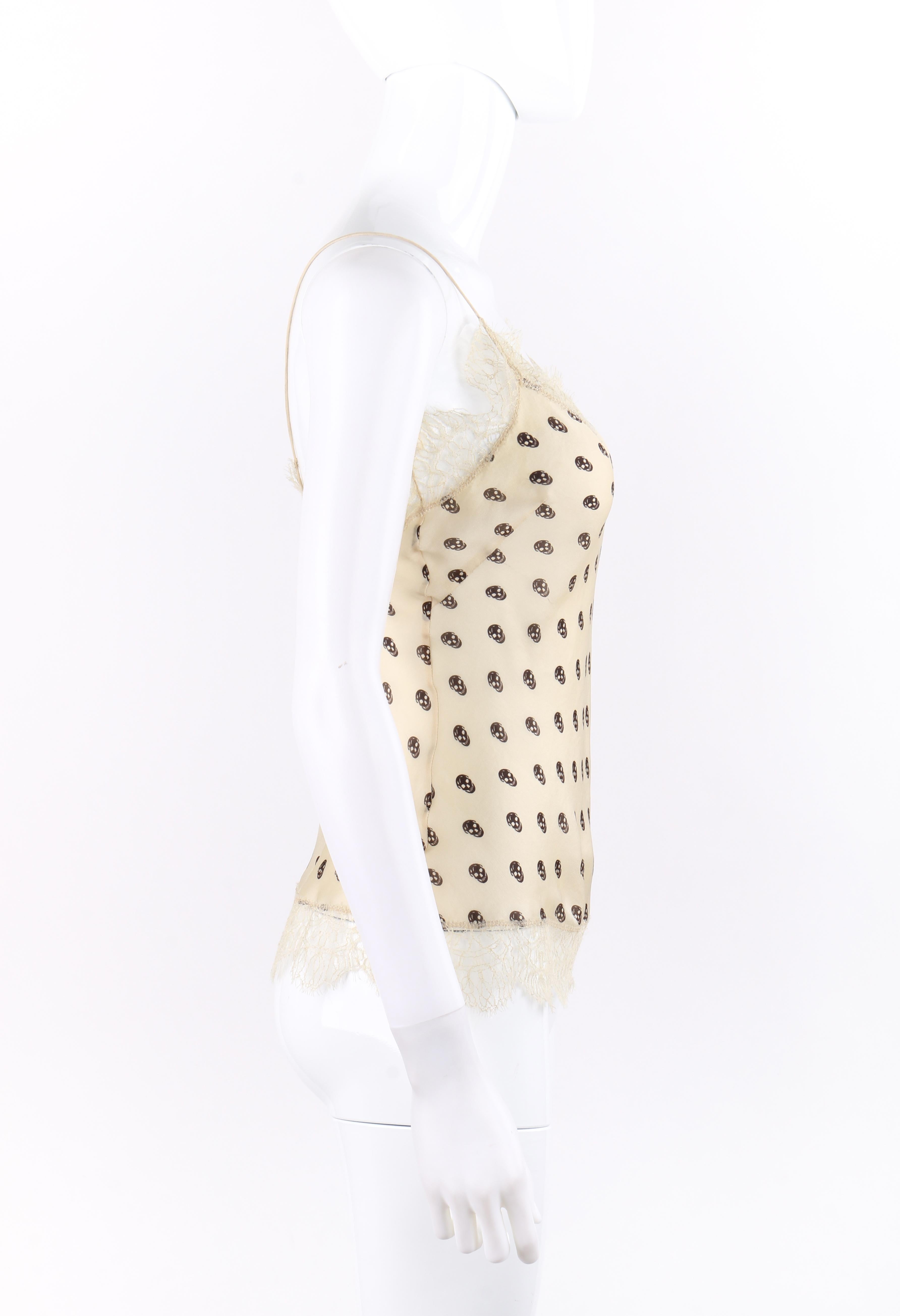 White ALEXANDER McQUEEN c.2006 Cream Black Skull Print Lace Silk Tank Top Camisole