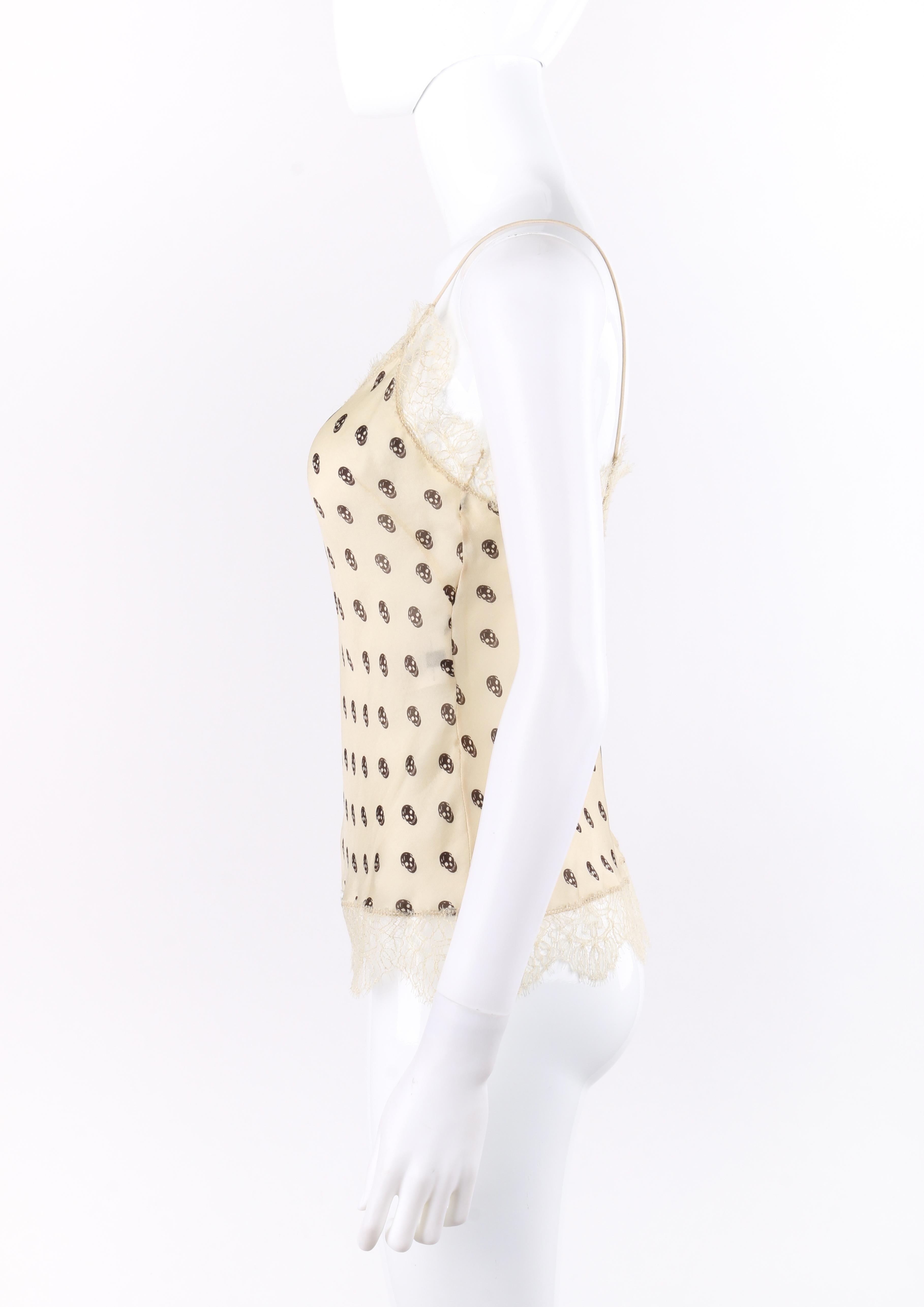 Women's ALEXANDER McQUEEN c.2006 Cream Black Skull Print Lace Silk Tank Top Camisole