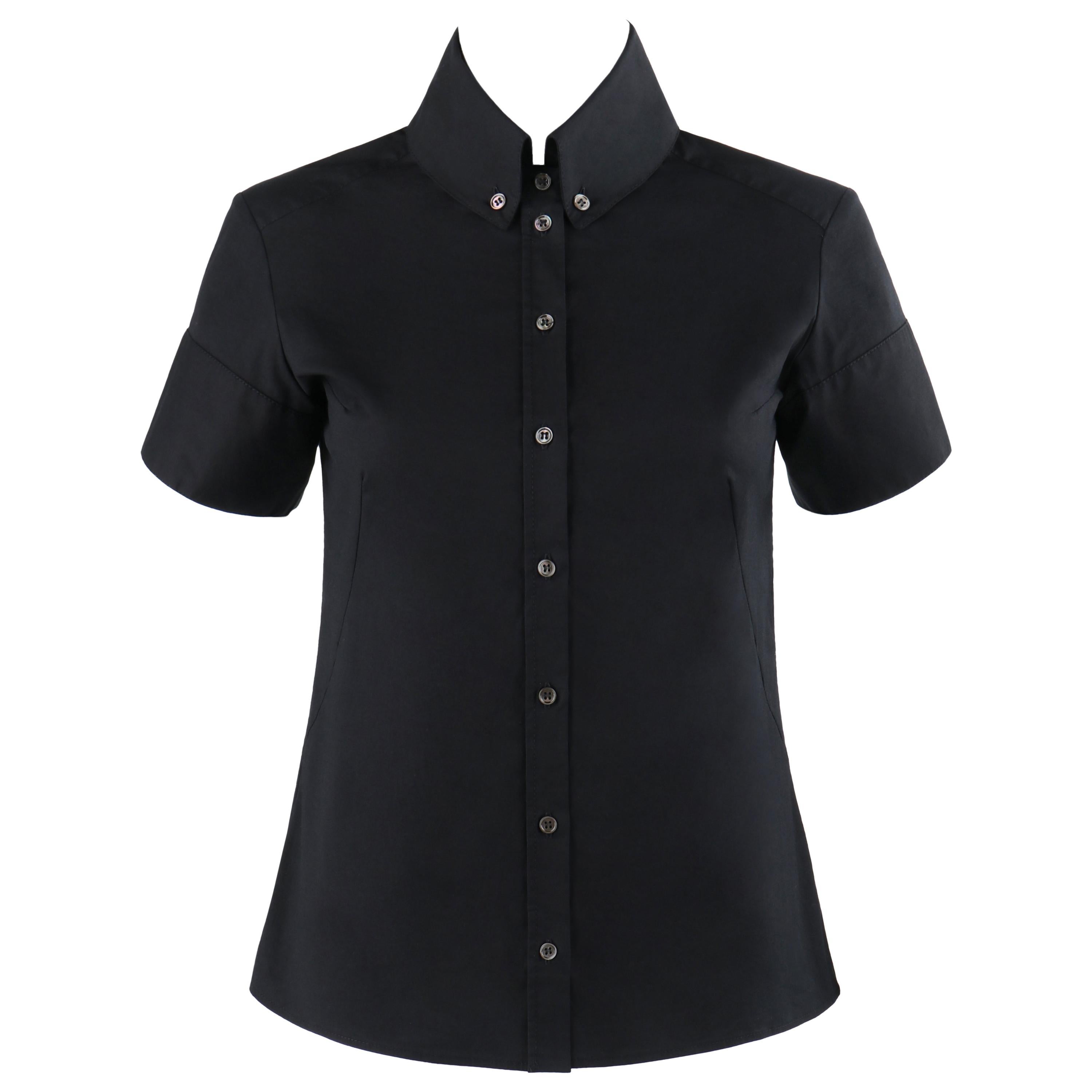 ALEXANDER McQUEEN c.2007 Black Button Down High Collar Short Sleeve Blouse Top For Sale