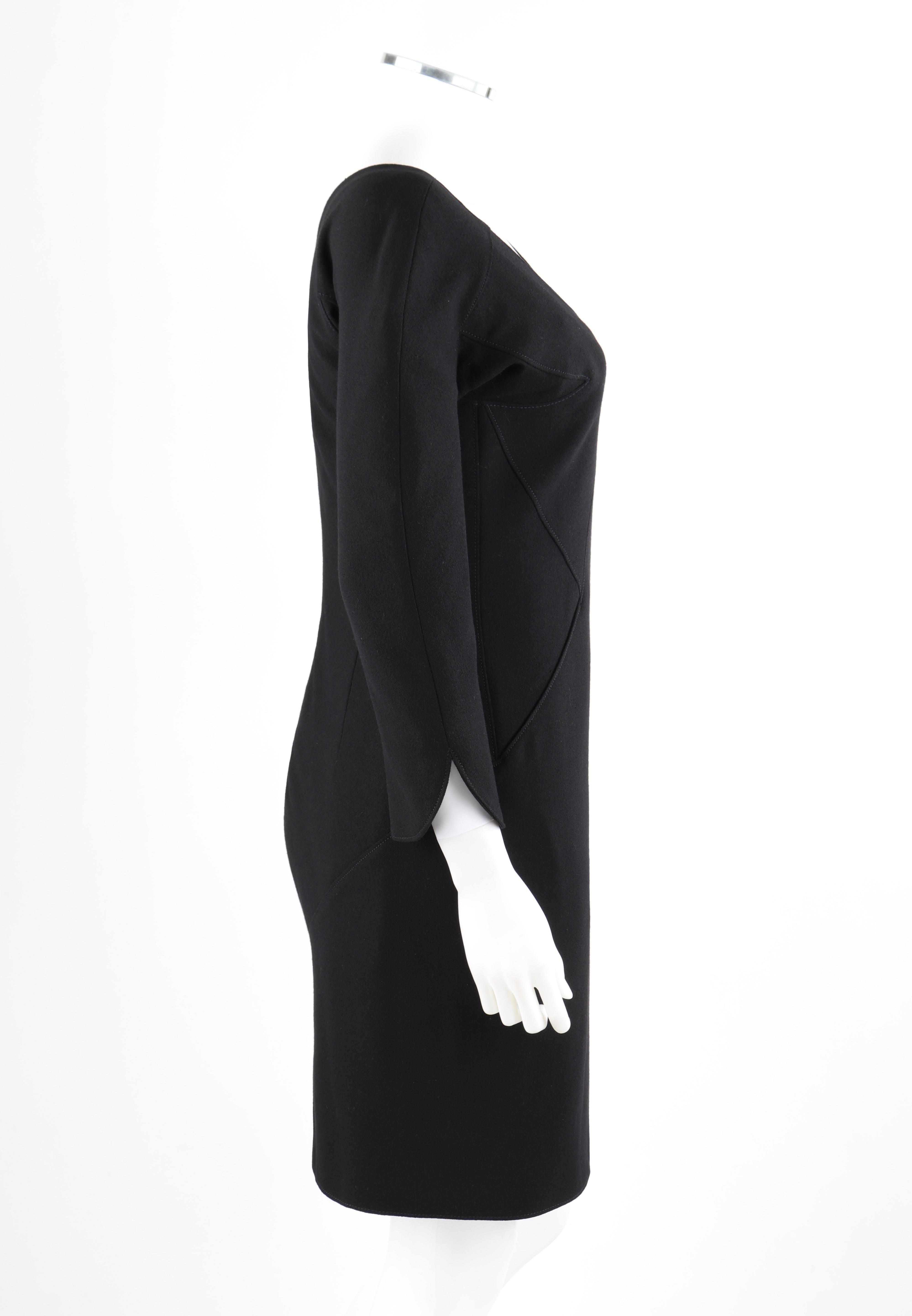 ALEXANDER McQUEEN c.2007 Black Wool Geometric Paneled V-Neck Cocktail Dress In Good Condition For Sale In Thiensville, WI
