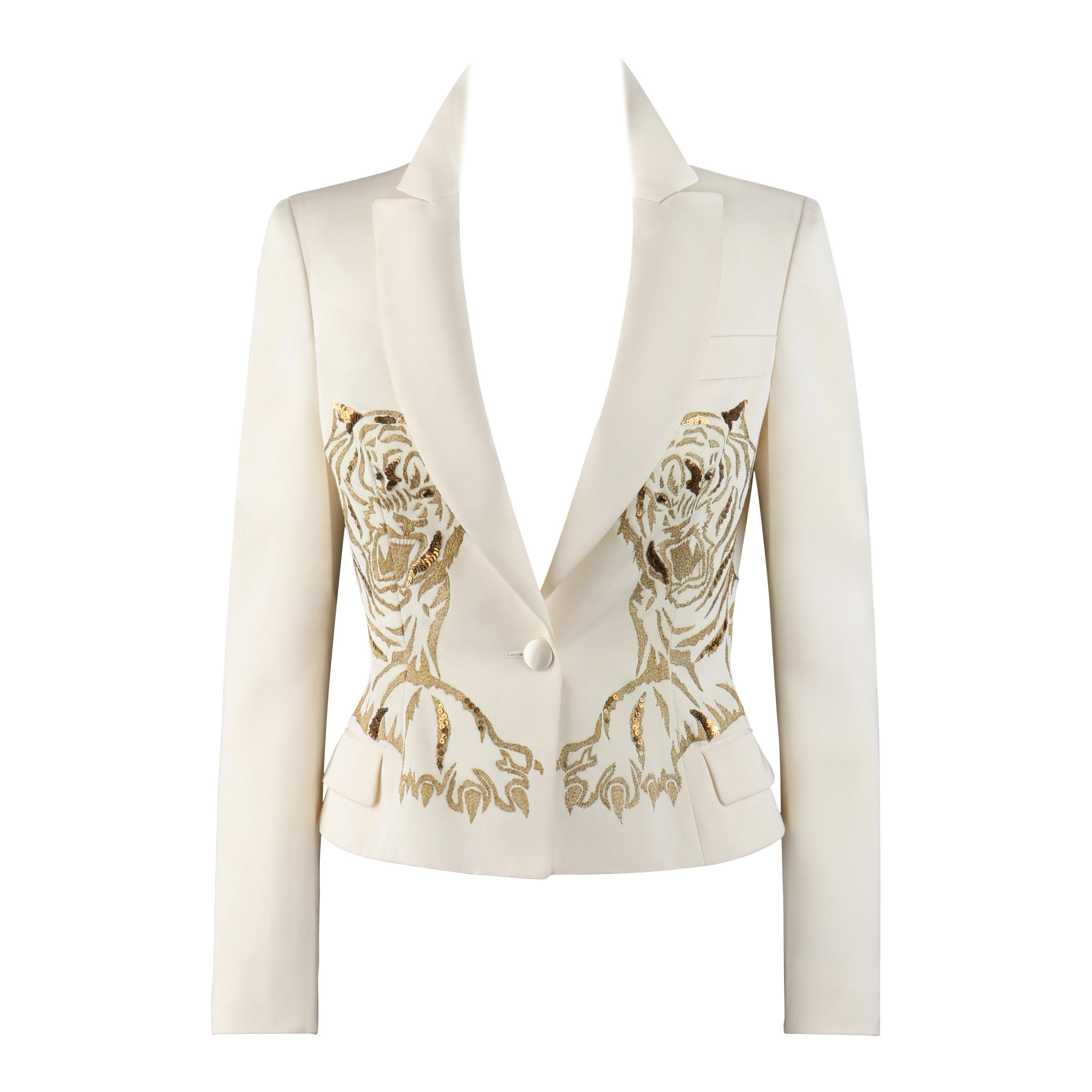 ALEXANDER McQUEEN c.2007 Ivory Blazer Jacket Gold Embroidered Tiger