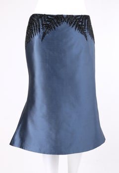 ALEXANDER McQUEEN c.2007 Metallic Blue Black Beaded Fern Leaf Silk Trumpet Skirt