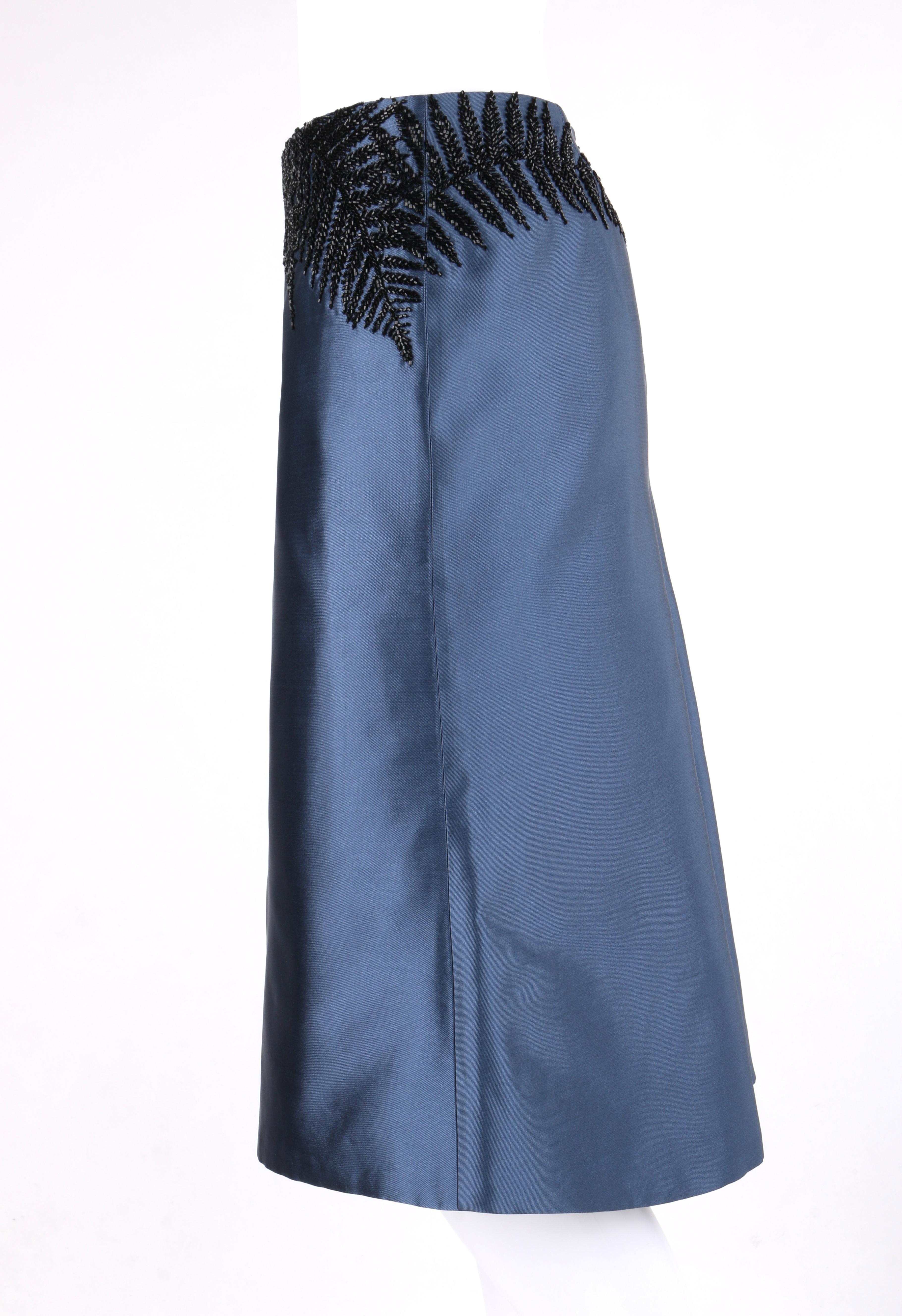 Gray ALEXANDER McQUEEN c.2007 Metallic Blue Black Beaded Fern Leaf Silk Trumpet Skirt For Sale