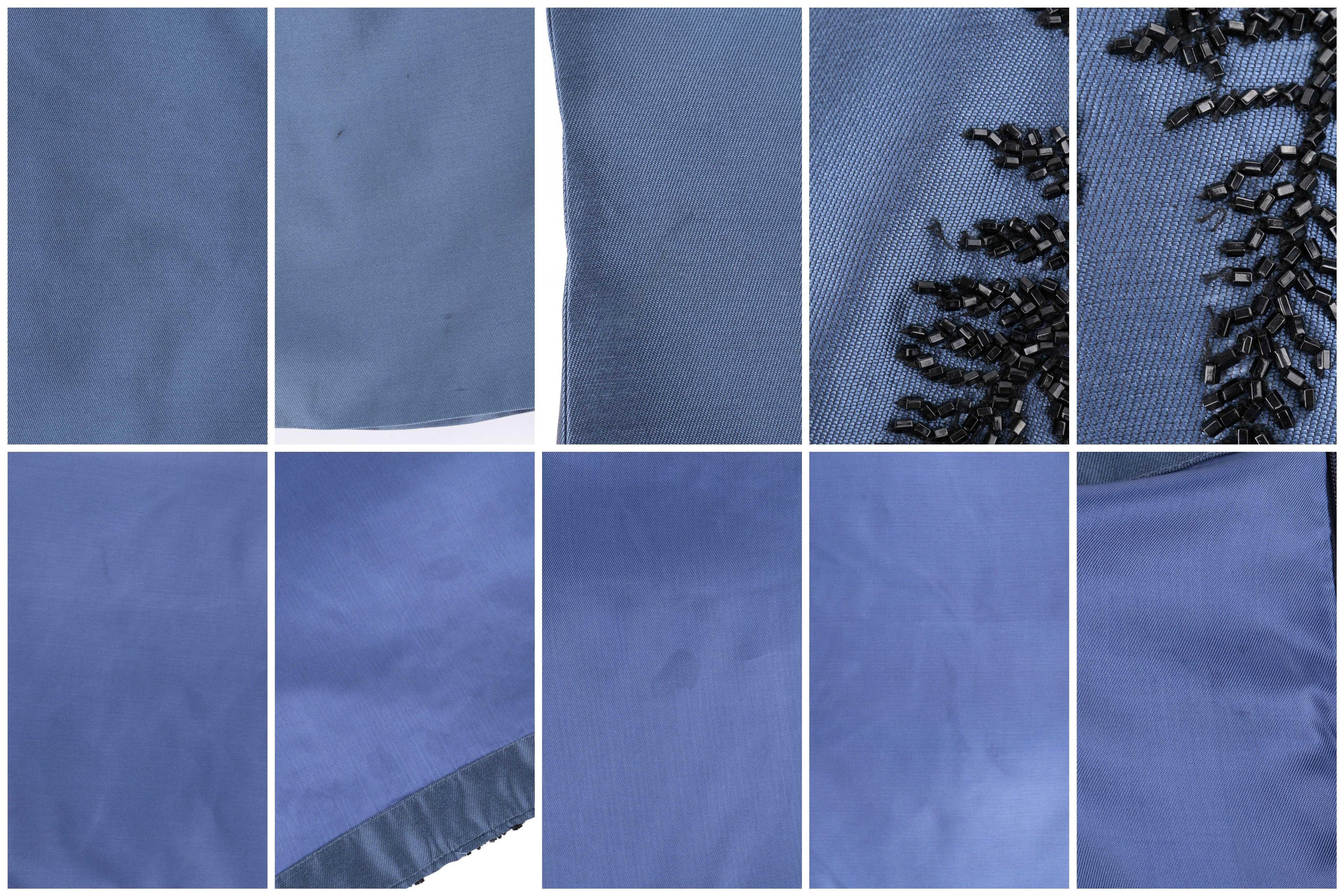 ALEXANDER McQUEEN c.2007 Metallic Blue Black Beaded Fern Leaf Silk Trumpet Skirt For Sale 1