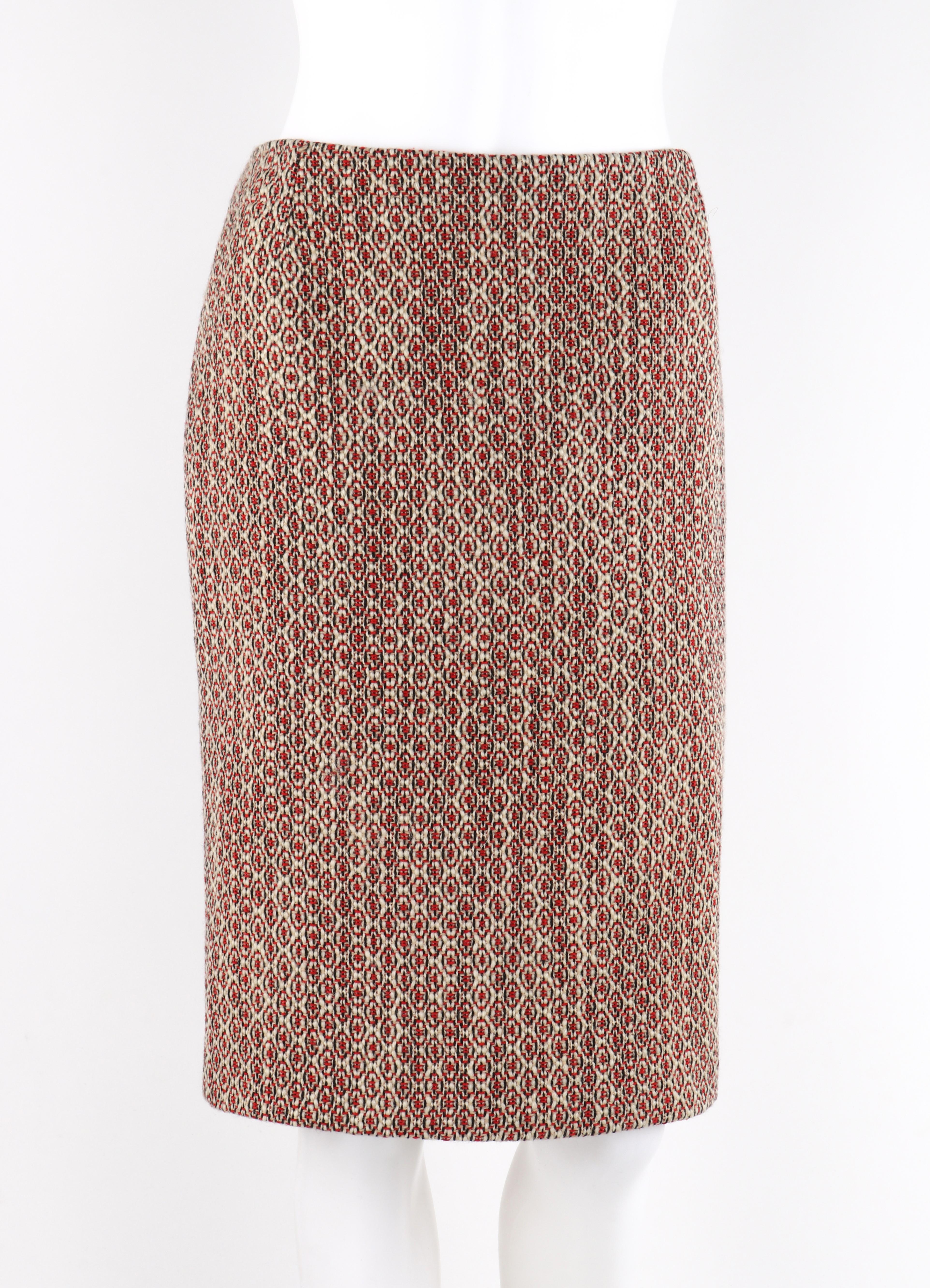 ALEXANDER McQUEEN c.2007 Patterned Fringe Wool Pencil Back Full Zip Skirt

Brand / Manufacturer: Alexander McQueen
Designer: Alexander McQueen
Collection: c.2007
Style: Pencil Skirt
Color(s): Shades of red, black, cream
Lined: Yes
Marked Fabric