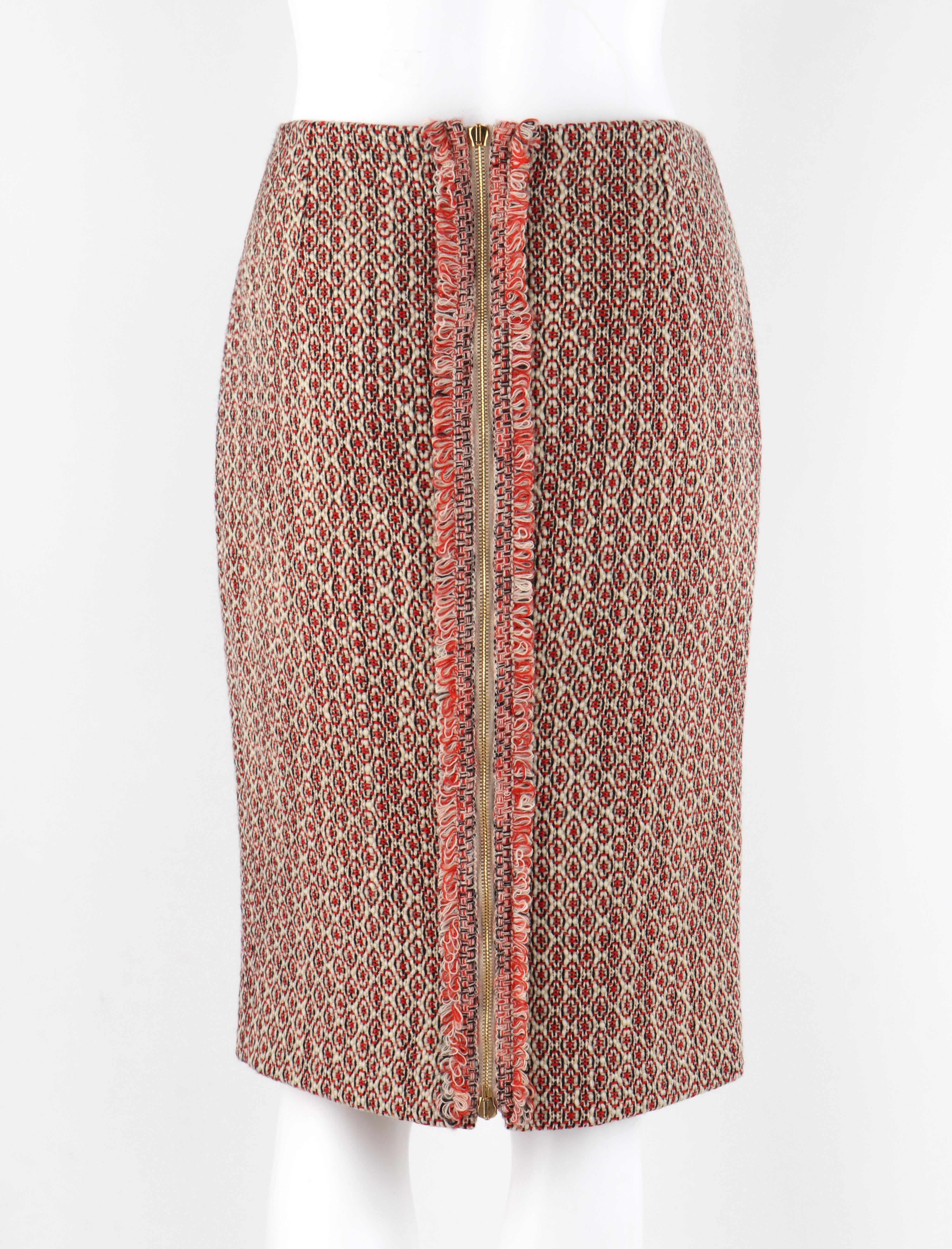 Brown ALEXANDER McQUEEN c.2007 Patterned Fringe Wool Pencil Back Full Zip Skirt