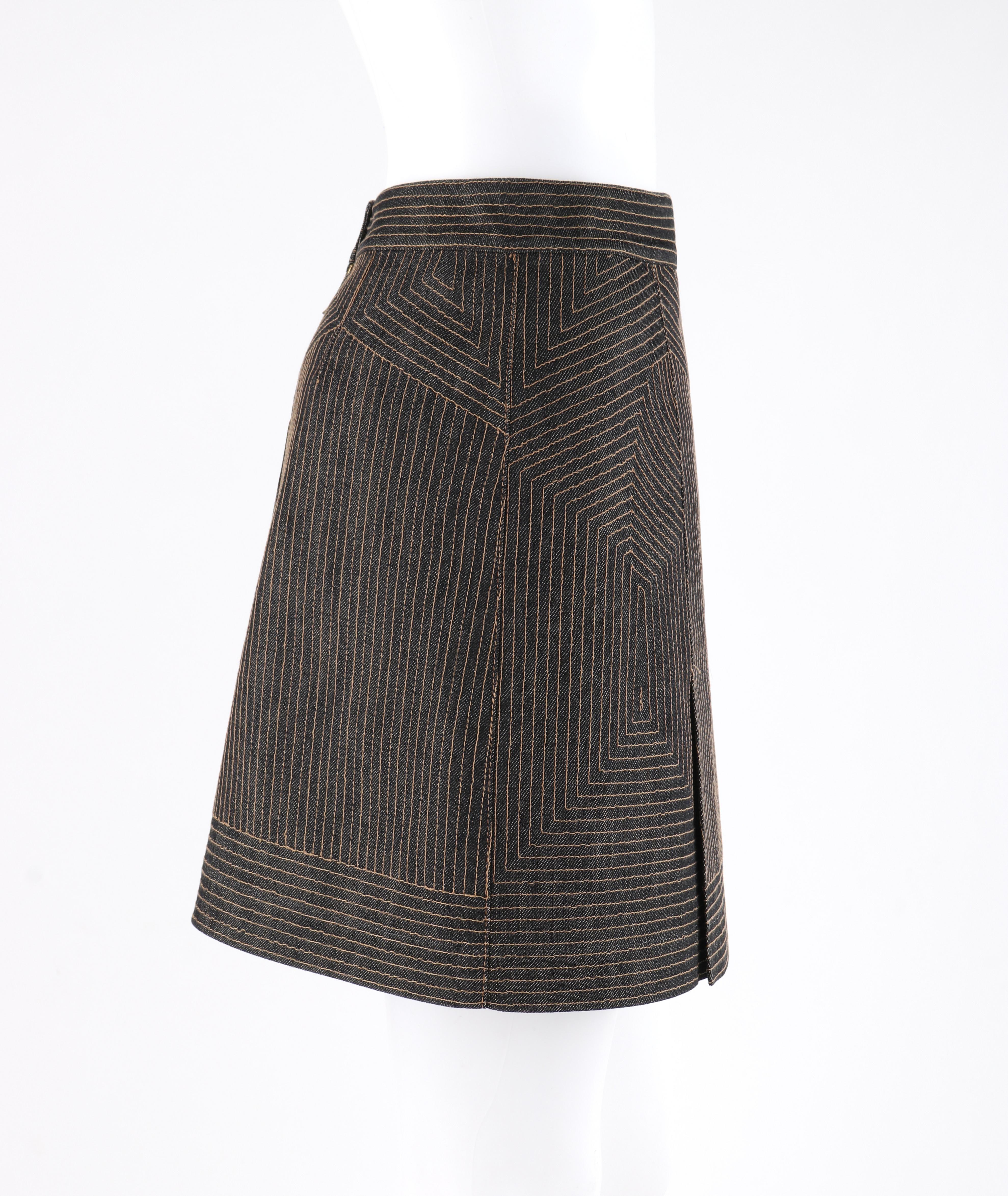 ALEXANDER McQUEEN c.2008 Black Denim Patterned Top Stitched Mini Skirt In Good Condition In Thiensville, WI
