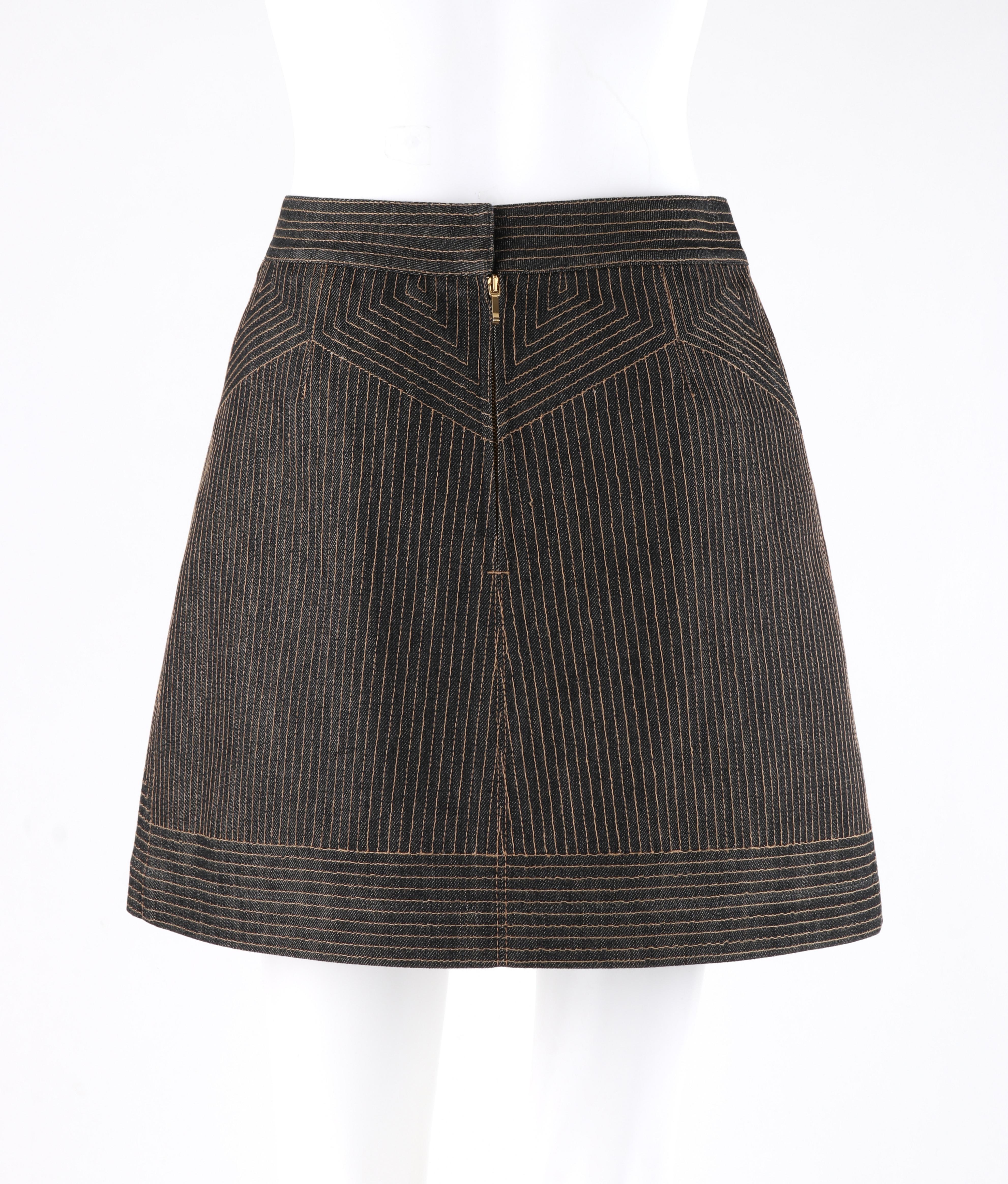 Women's ALEXANDER McQUEEN c.2008 Black Denim Patterned Top Stitched Mini Skirt